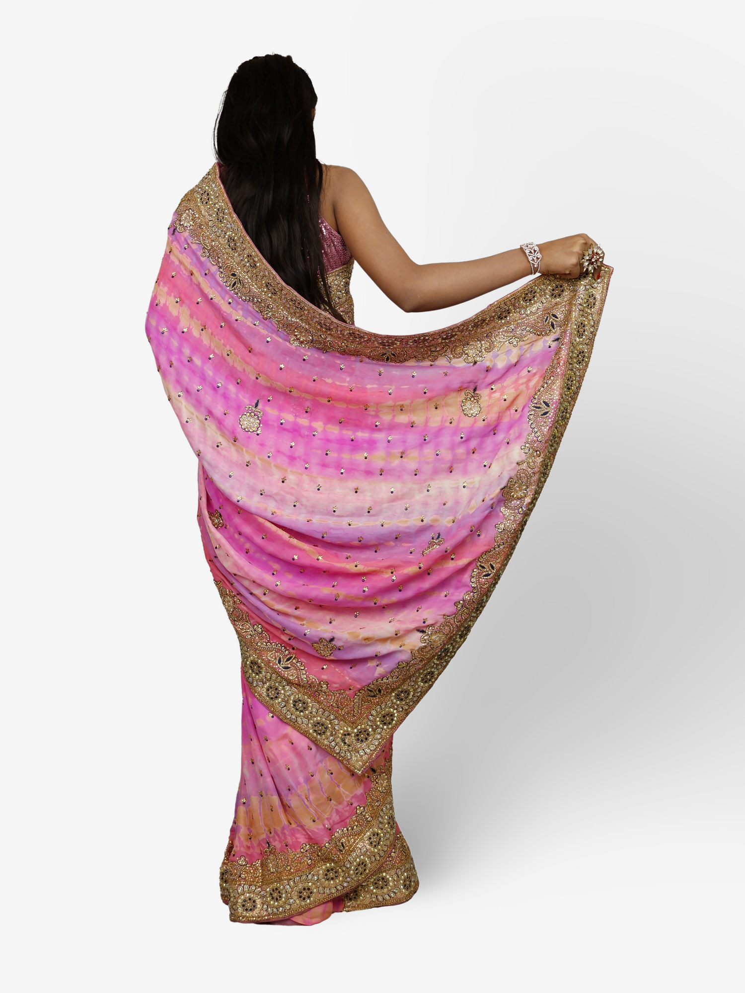 Designer Saree with Kundan & Cut Dana Work by Shreekama Pink Multi Designer Sarees for Party Festival Wedding Occasion in Noida