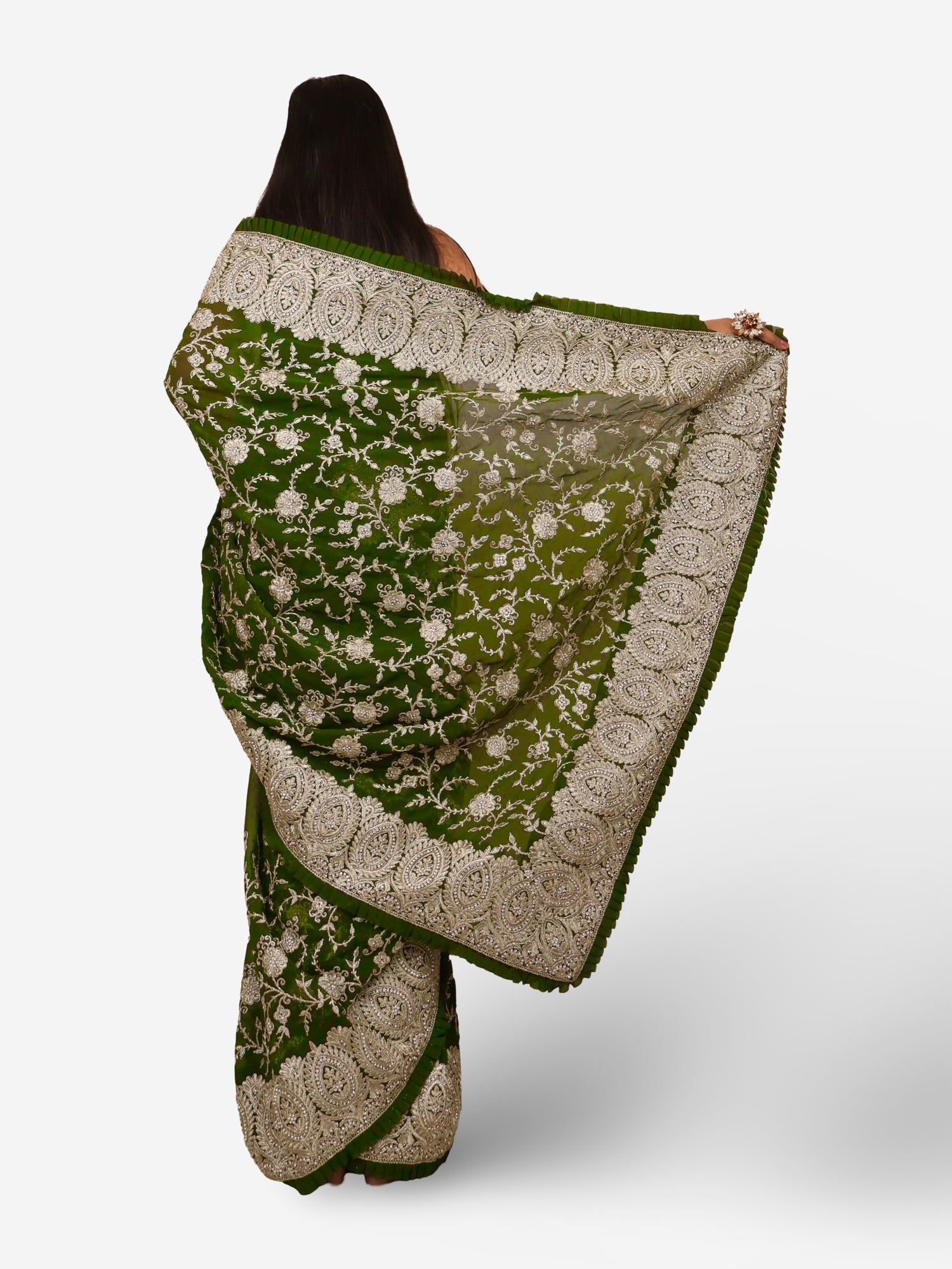 Designer Saree with Stone & Heavy Zari Thread Work by Shreekama Dark Green Designer Sarees for Party Festival Wedding Occasion in Noida