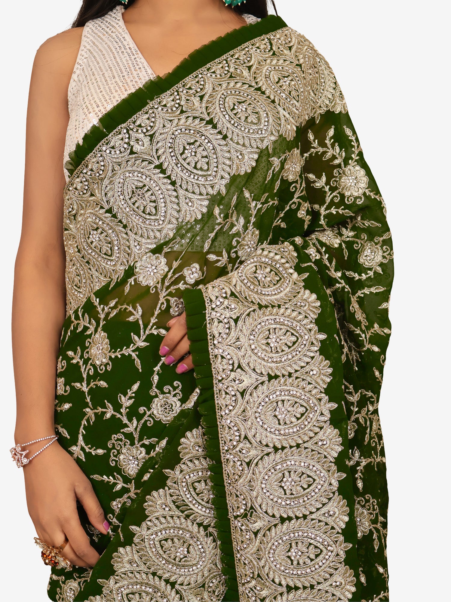 Designer Saree with Stone & Heavy Zari Thread Work by Shreekama Dark Green Designer Sarees for Party Festival Wedding Occasion in Noida