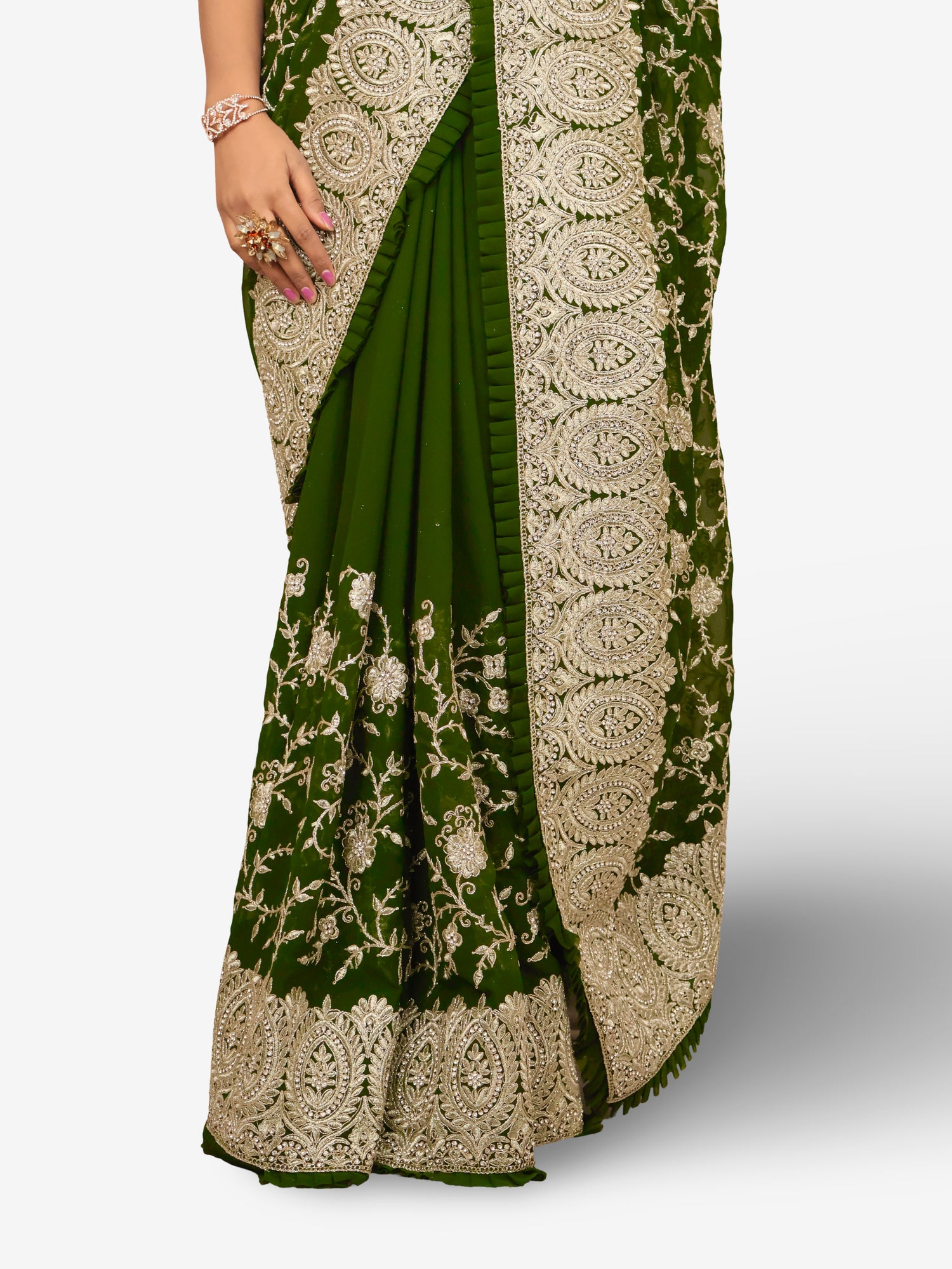 Designer Saree with Stone & Heavy Zari Thread Work by Shreekama Dark Green Designer Sarees for Party Festival Wedding Occasion in Noida