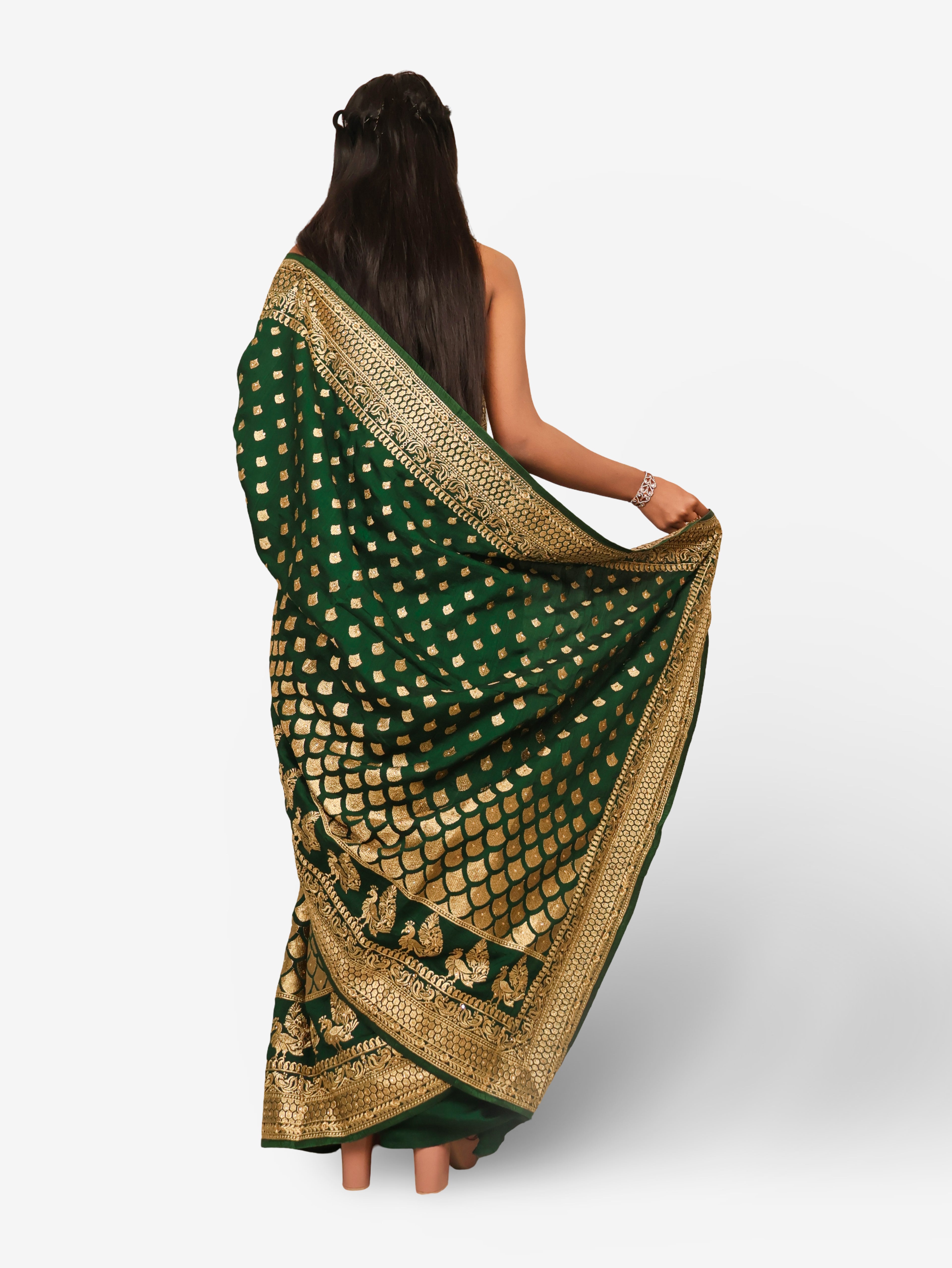 Designer Saree with Kundan & Heavy Embroidery Work by Shreekama Dark Green Designer Sarees for Party Festival Wedding Occasion in Noida