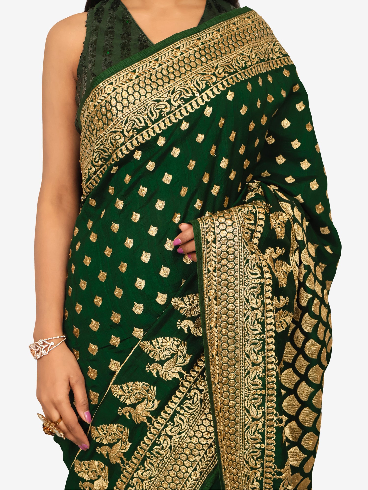 Designer Saree with Kundan & Heavy Embroidery Work by Shreekama Dark Green Designer Sarees for Party Festival Wedding Occasion in Noida