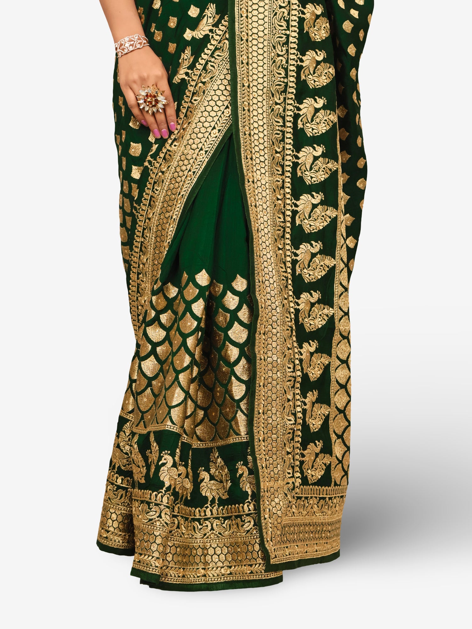 Designer Saree with Kundan & Heavy Embroidery Work by Shreekama Dark Green Designer Sarees for Party Festival Wedding Occasion in Noida