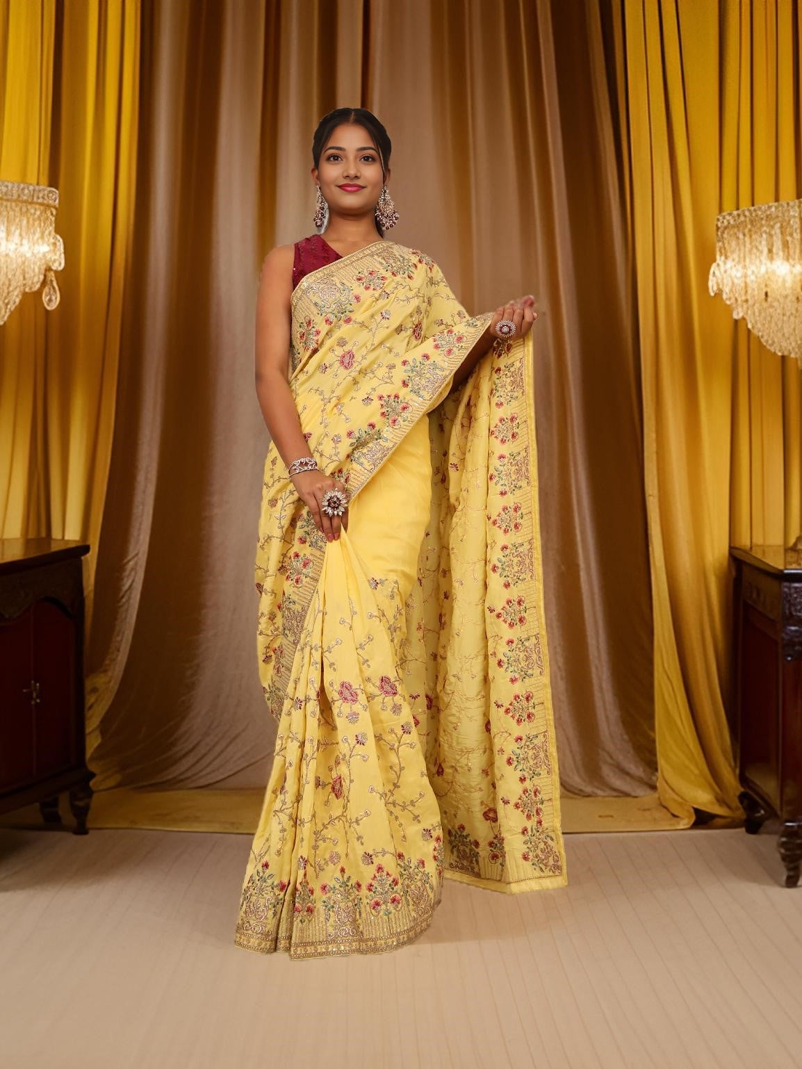 Designer Saree with Sequin & Embroidery Work by Shreekama Lemon Yellow Designer Sarees for Party Festival Wedding Occasion in Noida