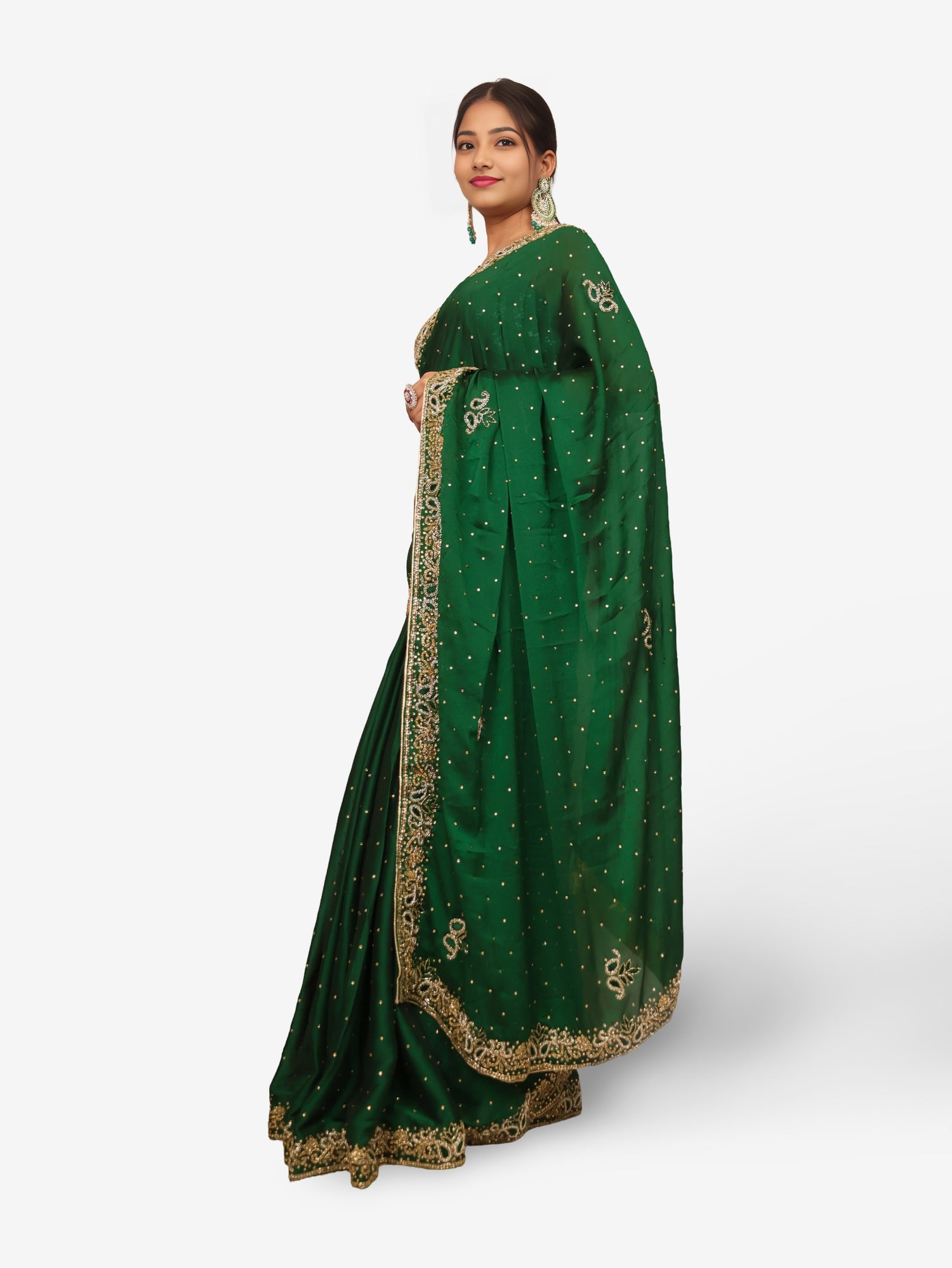 Designer Saree with Cut Dana & Kundan Work by Shreekama Dark Green Designer Sarees for Party Festival Wedding Occasion in Noida