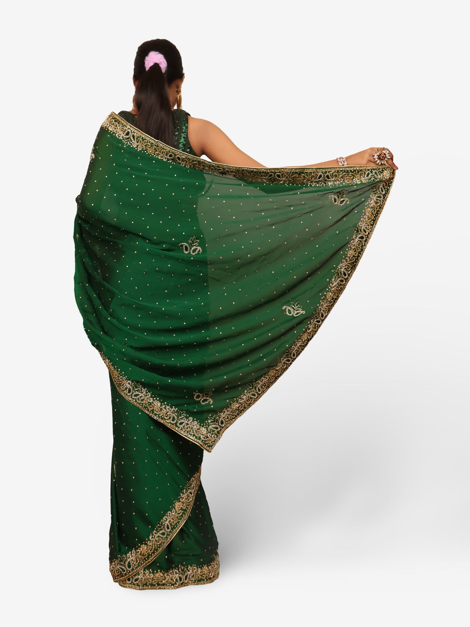 Designer Saree with Cut Dana & Kundan Work by Shreekama Dark Green Designer Sarees for Party Festival Wedding Occasion in Noida