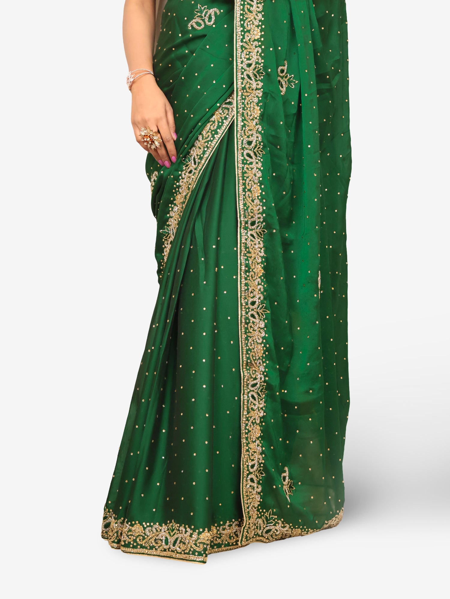 Designer Saree with Cut Dana & Kundan Work by Shreekama Dark Green Designer Sarees for Party Festival Wedding Occasion in Noida