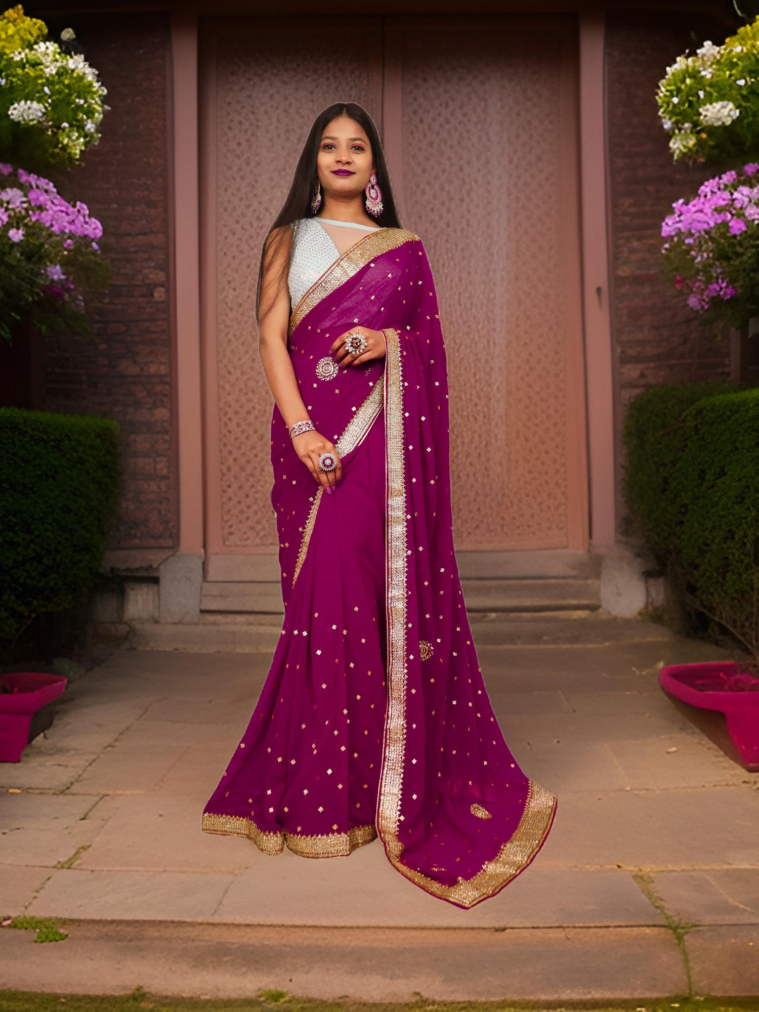 Designer Saree with Cut Dana & Beads by Shreekama Wine Designer Sarees for Party Festival Wedding Occasion in Noida
