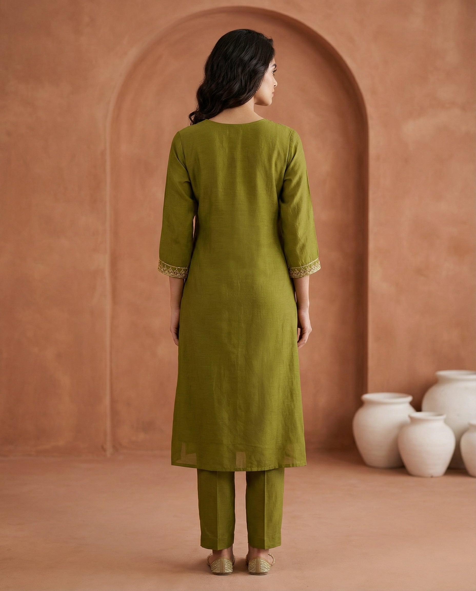 Olive Green Embroidered Kurta Set with Dupatta & Pants | Floral Thread Work