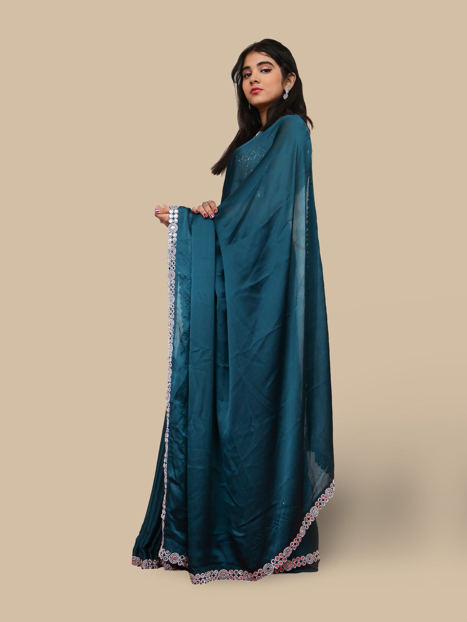 Designer Saree with American Diamond & Mirror Work by Shreekama