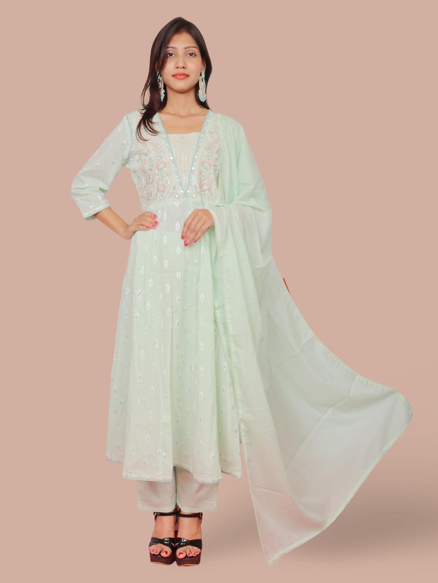 Floral Embroidered Pure Cotton Anarkali Kurta & Trousers With Dupatta