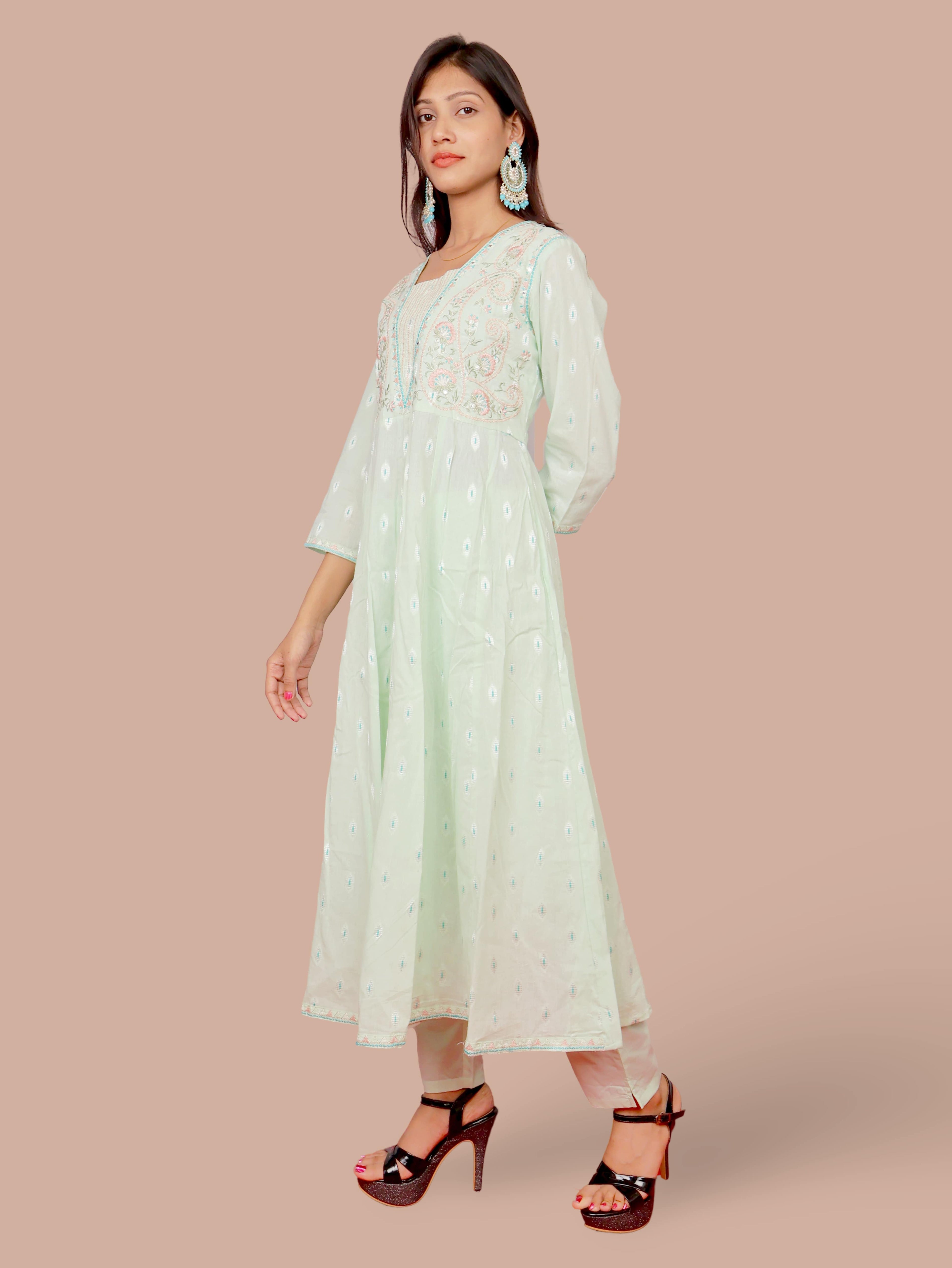 Floral Embroidered Pure Cotton Anarkali Kurta & Trousers With Dupatta