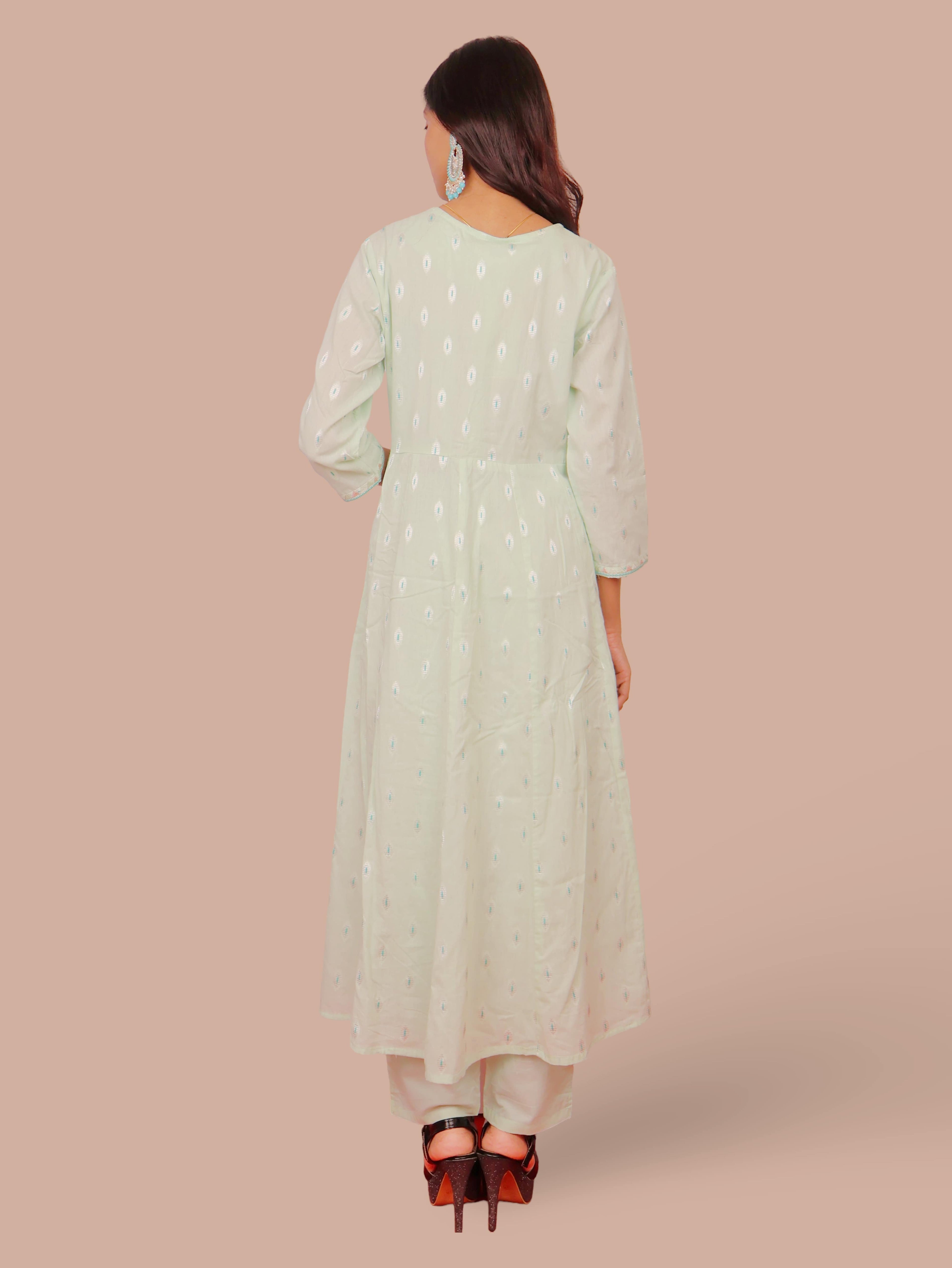 Floral Embroidered Pure Cotton Anarkali Kurta & Trousers With Dupatta
