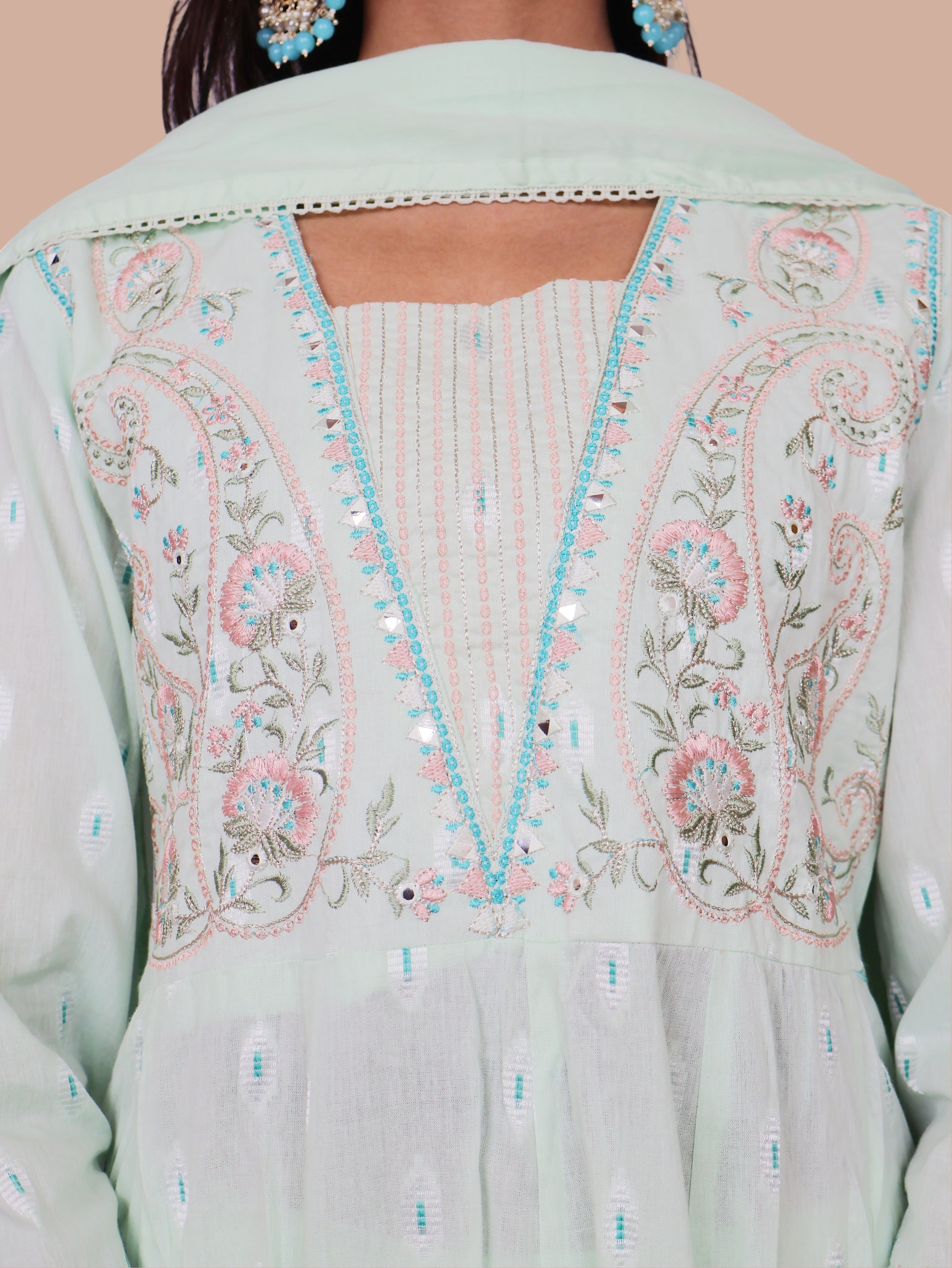 Floral Embroidered Pure Cotton Anarkali Kurta & Trousers With Dupatta