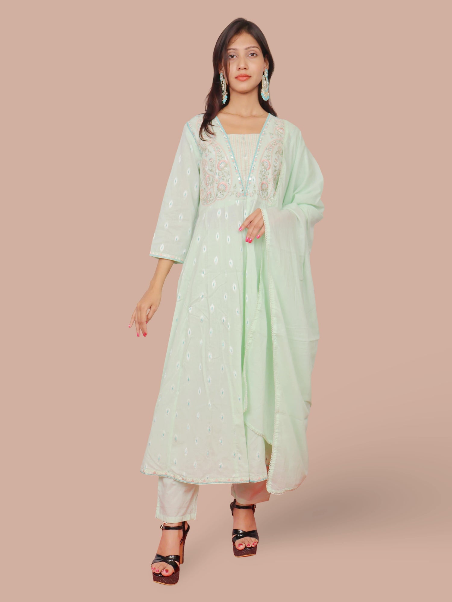 Floral Embroidered Pure Cotton Anarkali Kurta & Trousers With Dupatta
