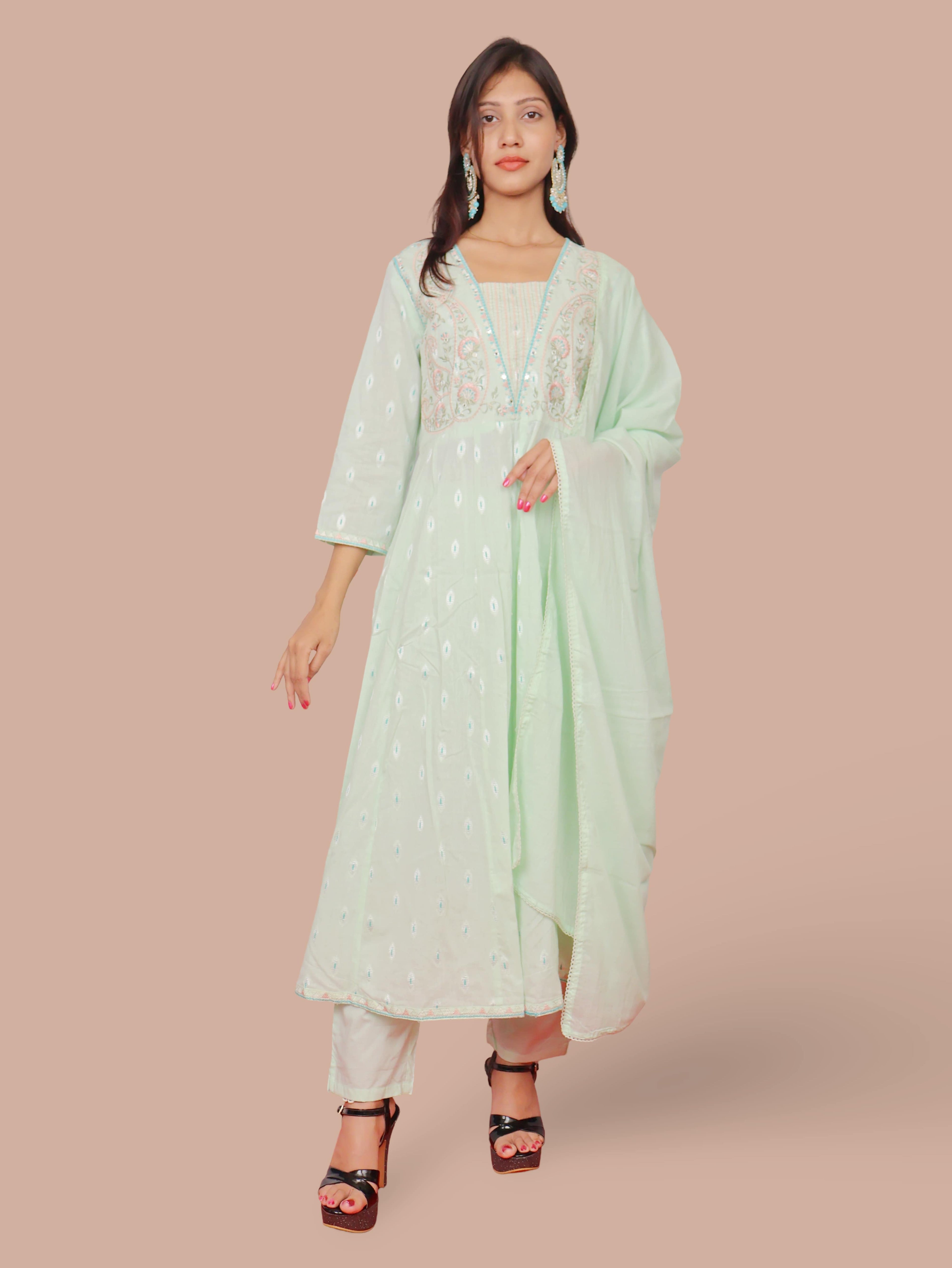 Floral Embroidered Pure Cotton Anarkali Kurta & Trousers With Dupatta