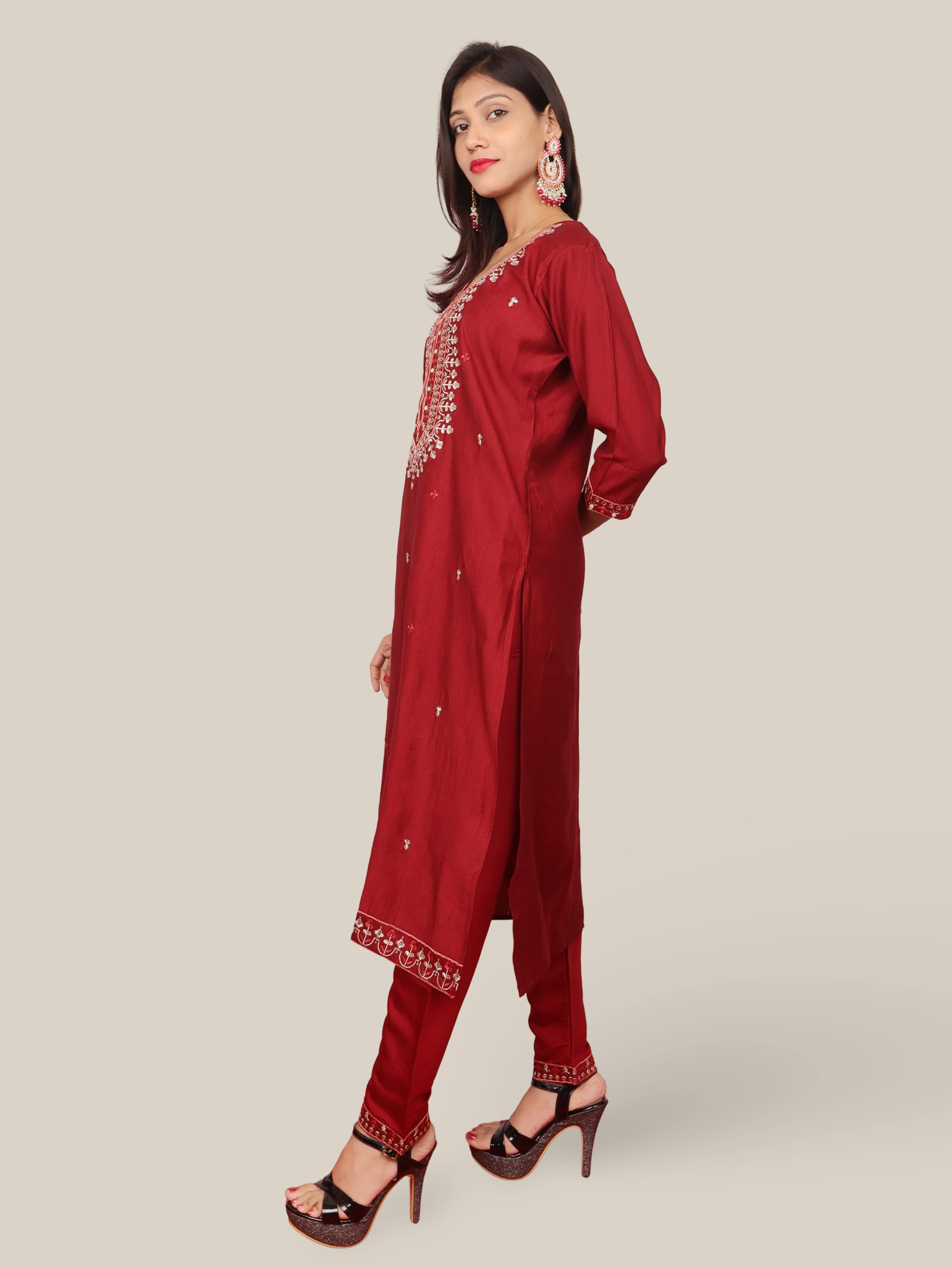 Rayon-Cotton Embroidered Straight Kurti Set with Pant and Dupatta