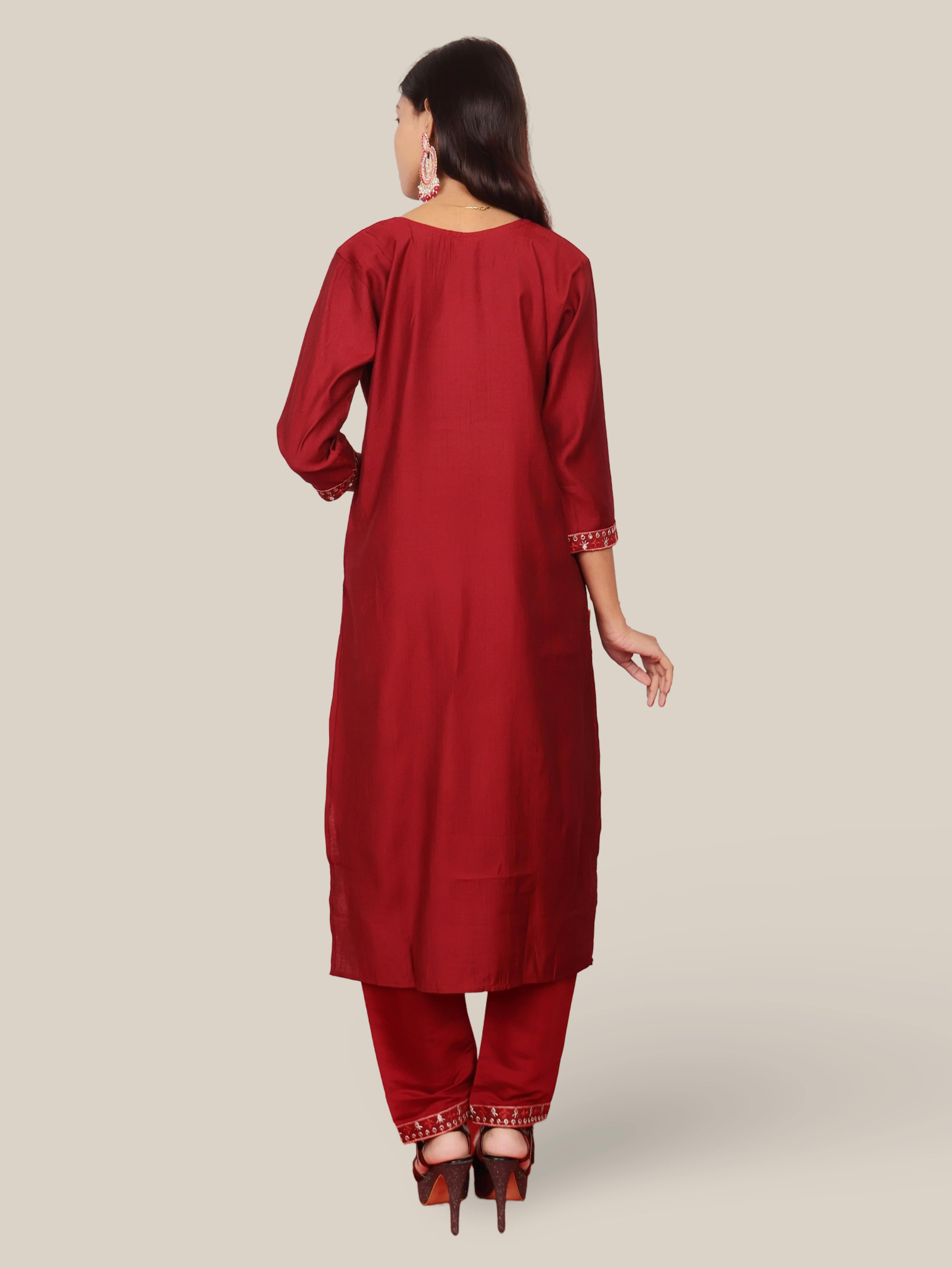 Rayon-Cotton Embroidered Straight Kurti Set with Pant and Dupatta