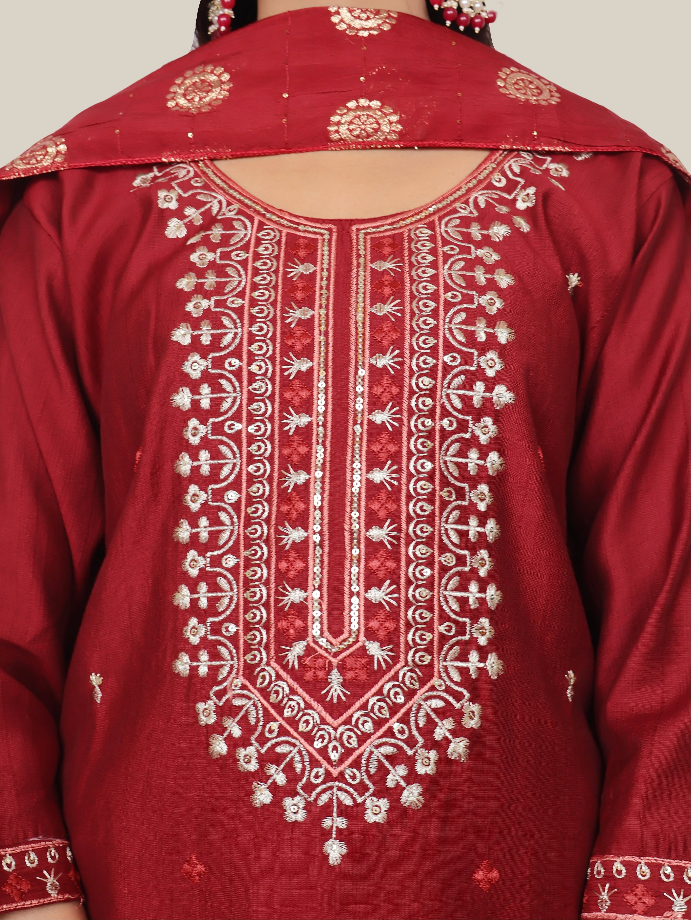 Rayon-Cotton Embroidered Straight Kurti Set with Pant and Dupatta