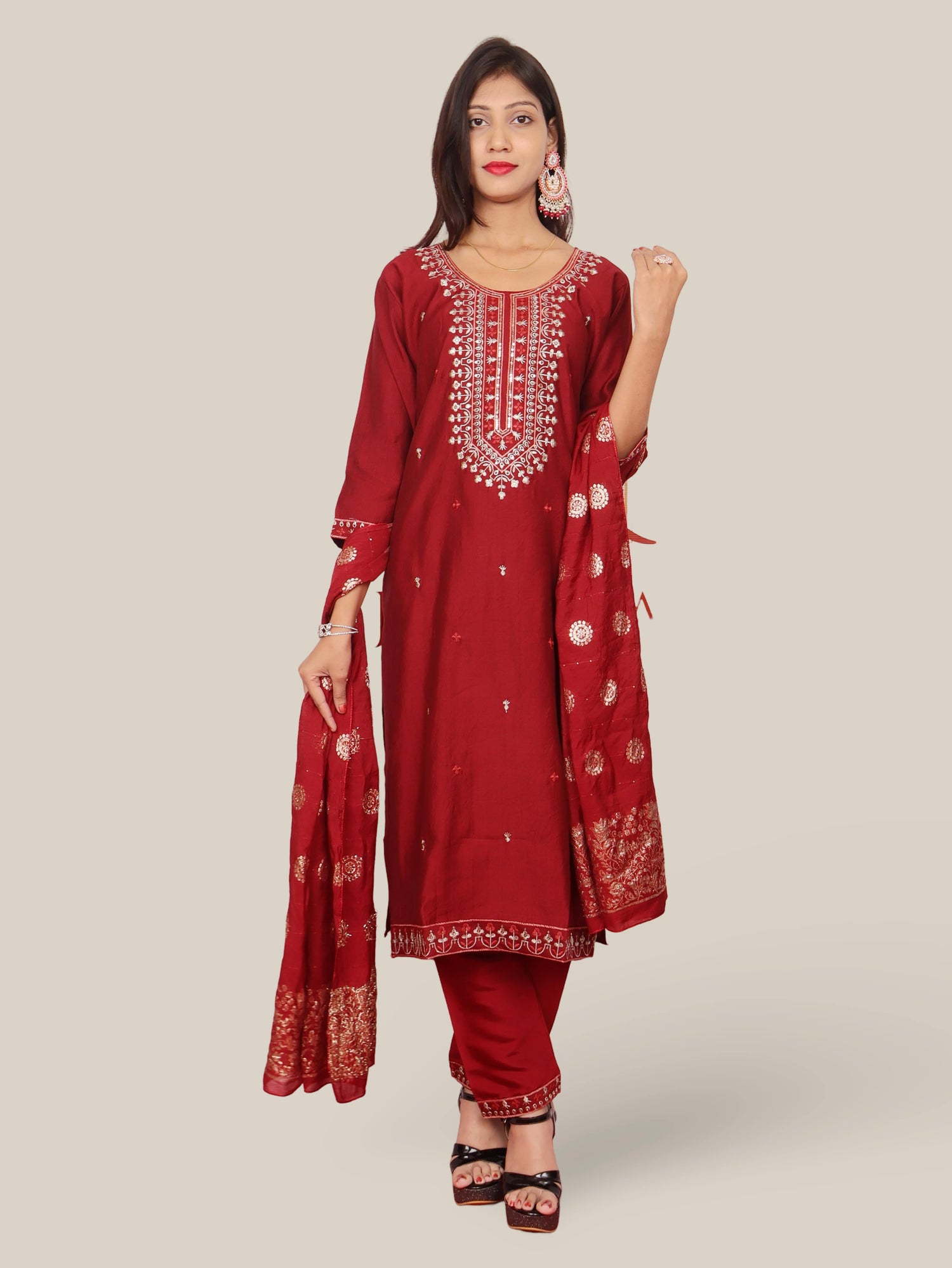 Rayon-Cotton Embroidered Straight Kurti Set with Pant and Dupatta