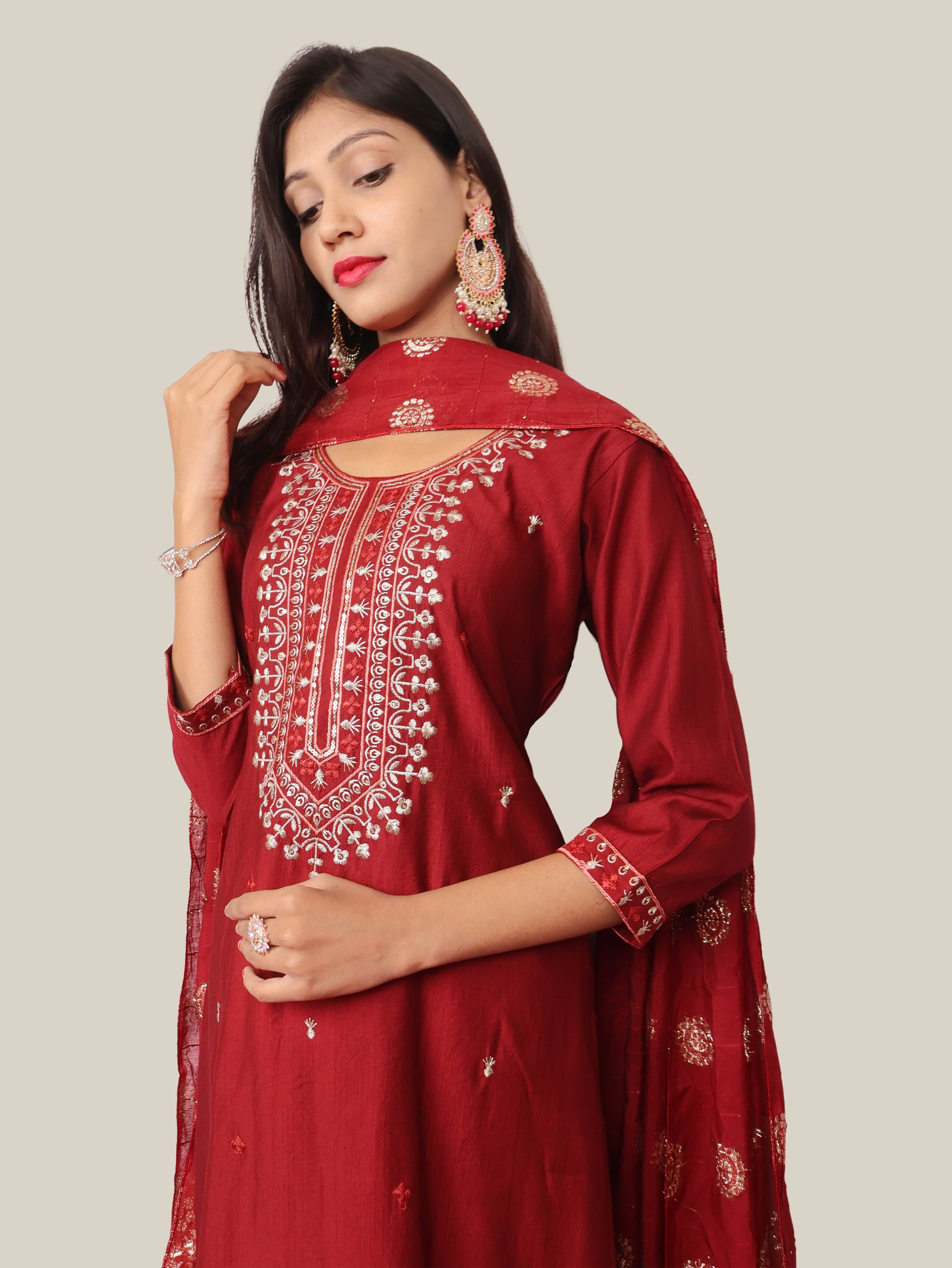 Rayon-Cotton Embroidered Straight Kurti Set with Pant and Dupatta