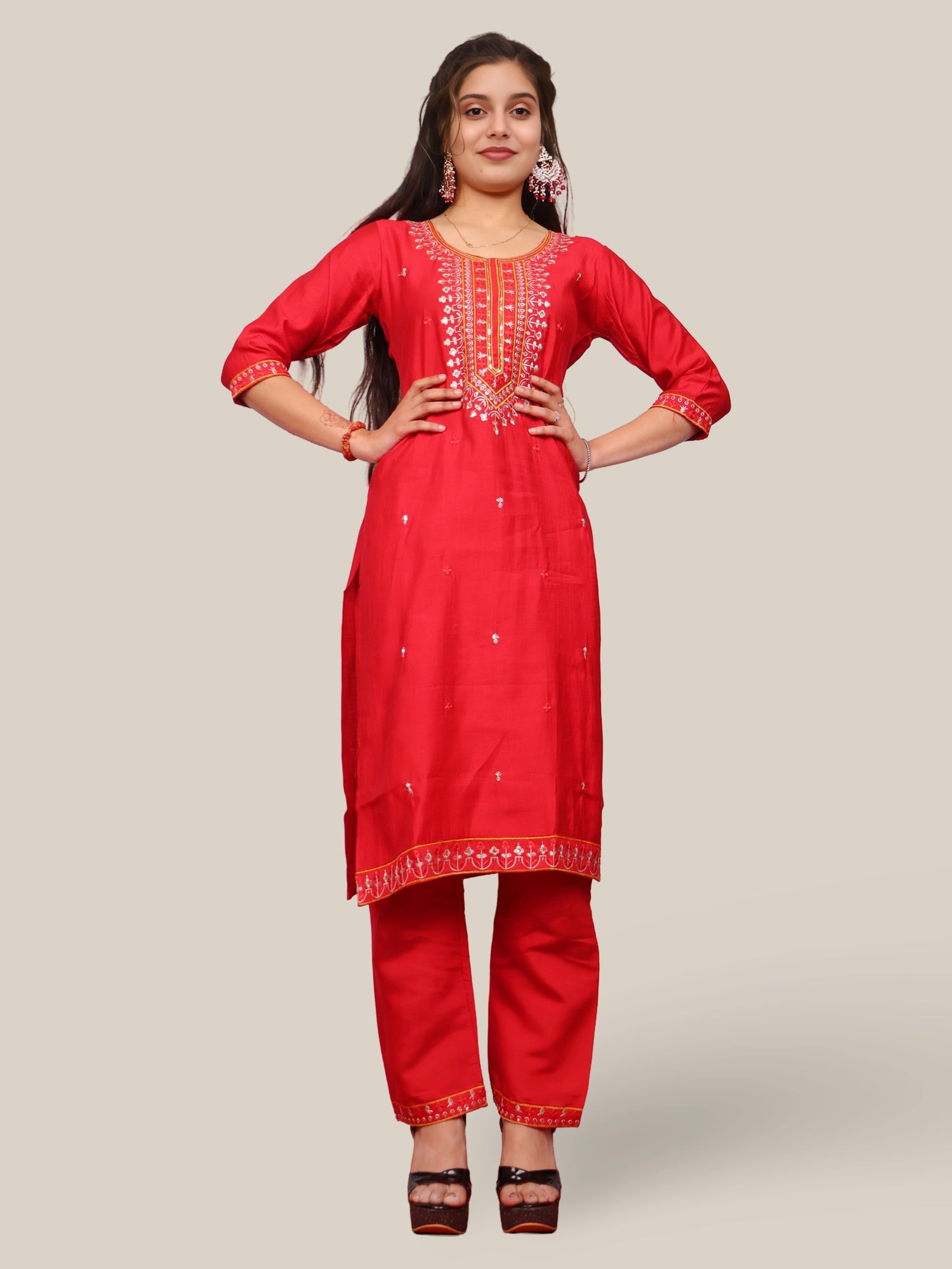 Rayon-Cotton Embroidered Straight Kurti Set with Pant and Dupatta