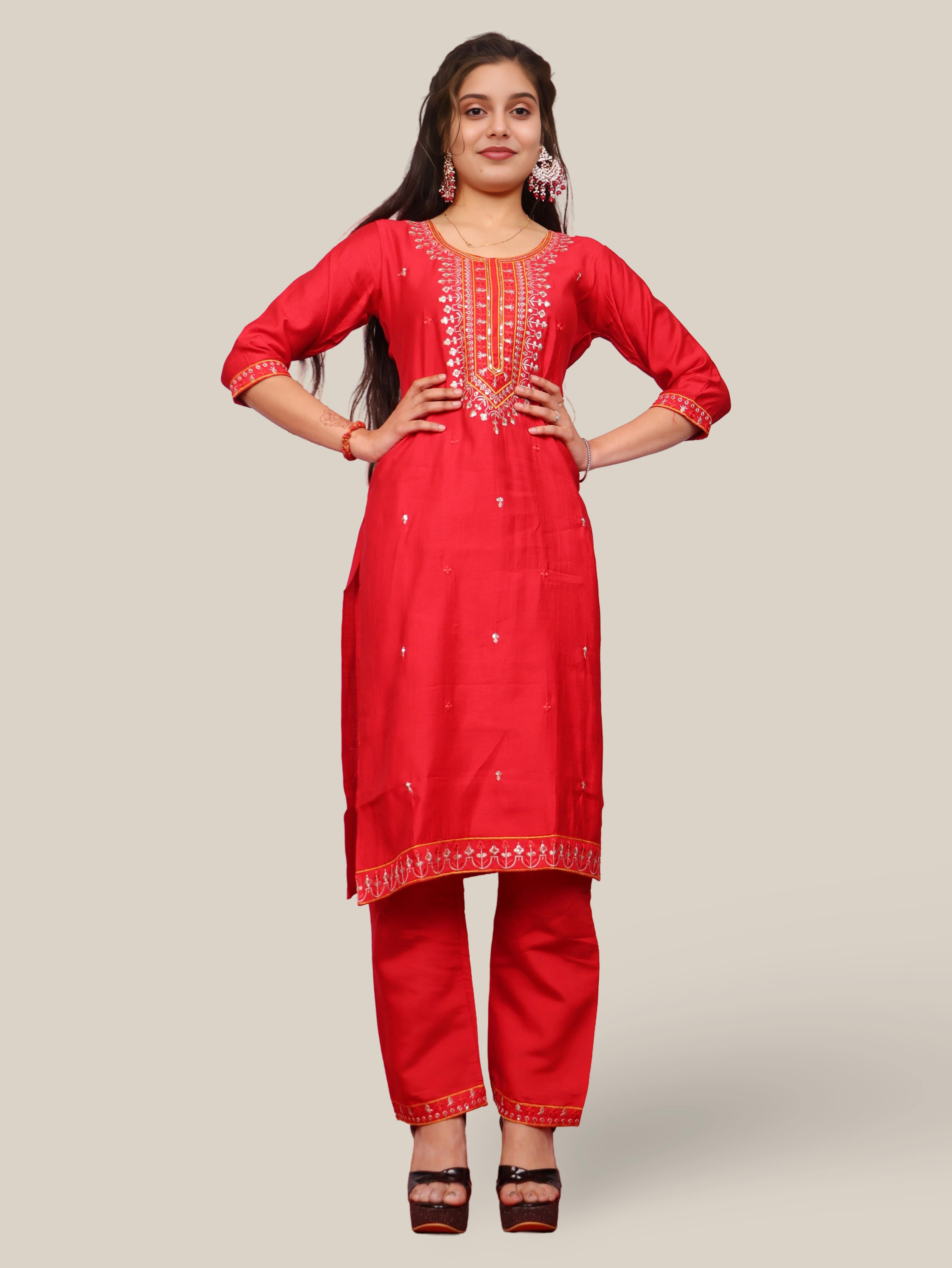 Rayon-Cotton Embroidered Straight Kurti Set with Pant and Dupatta