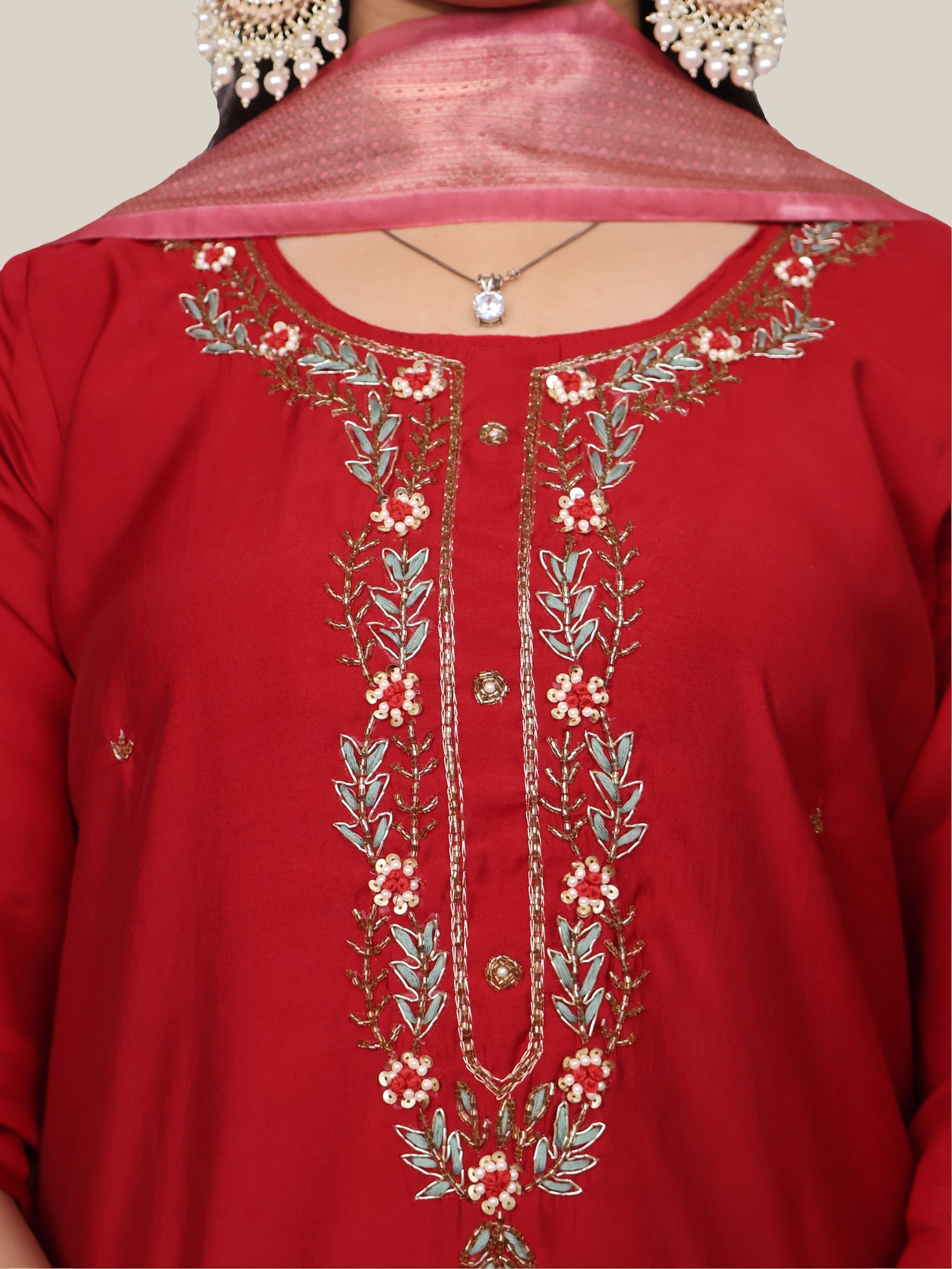 Embroidered Straight Kurta Set with Pant and Dupatta