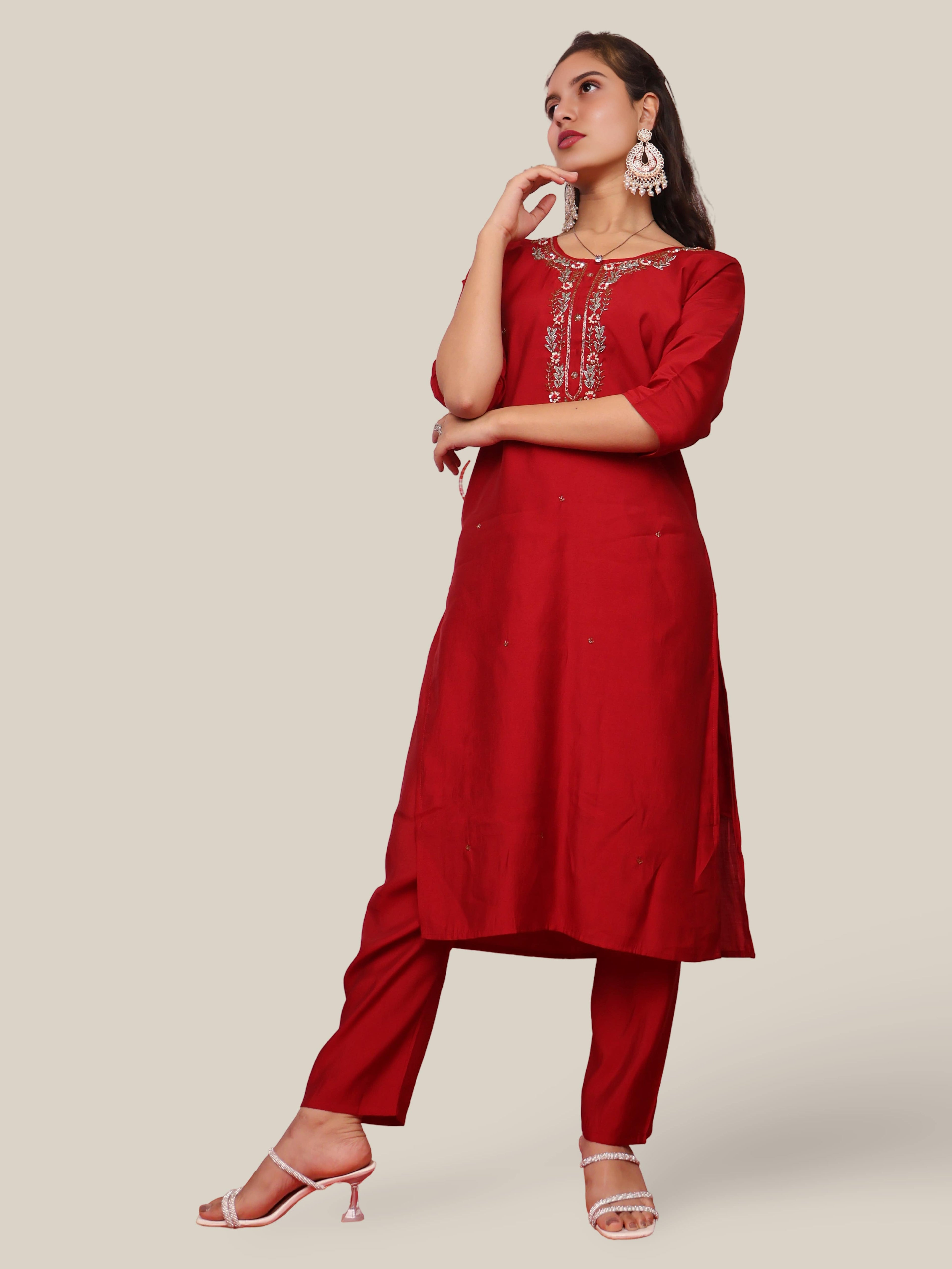 Embroidered Straight Kurta Set with Pant and Dupatta