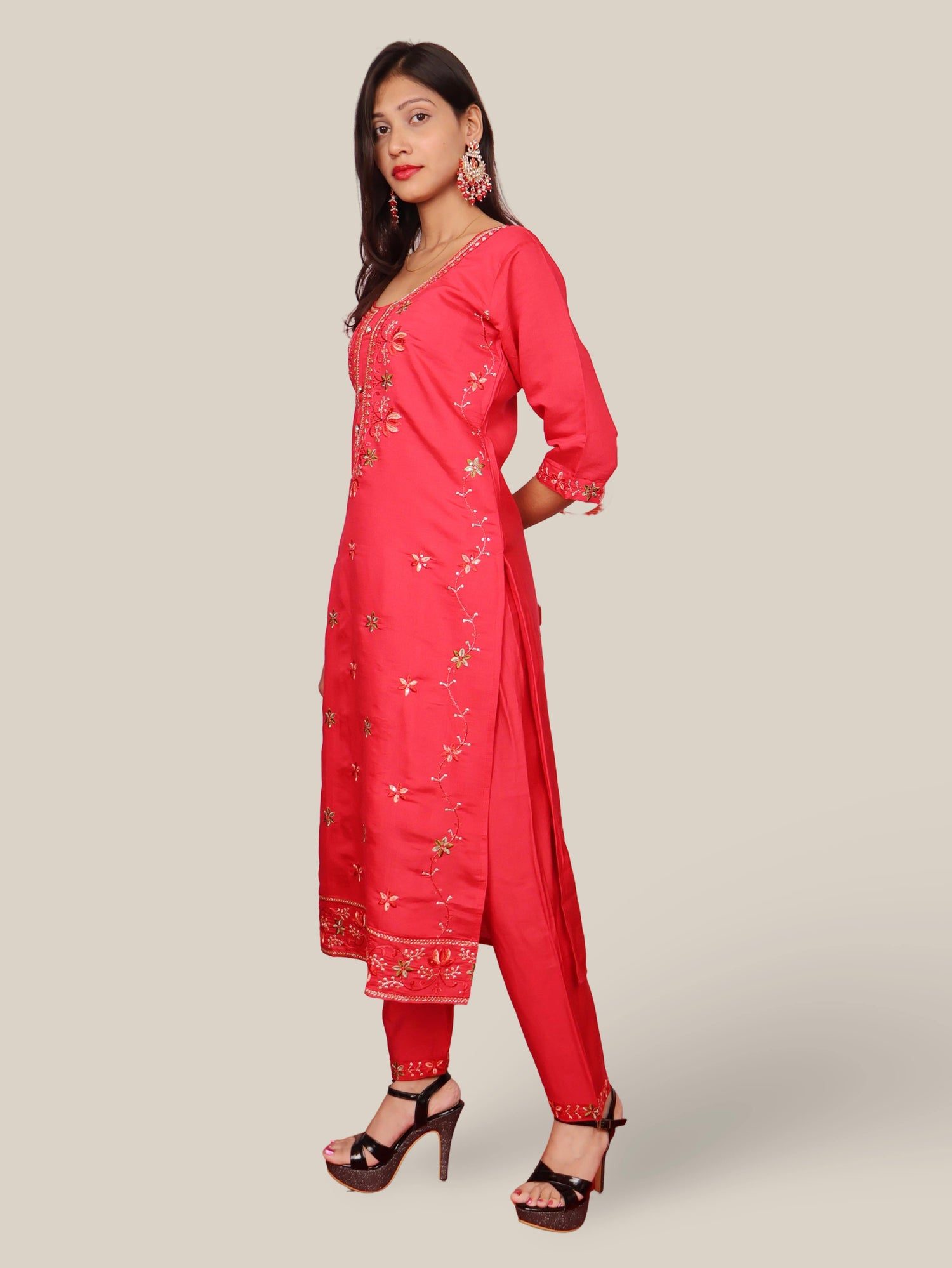 Rayon-Cotton Embroidered Straight Kurti with Pant and Dupatta