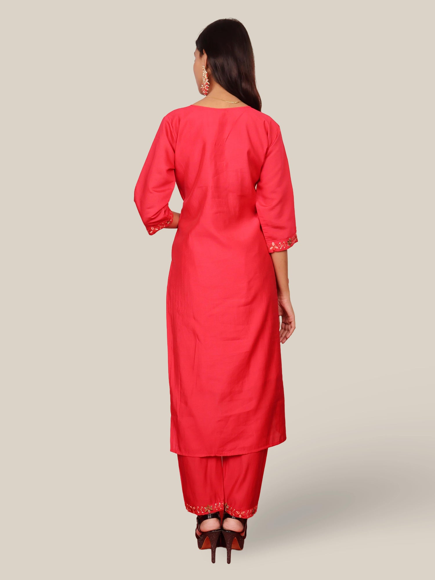 Rayon-Cotton Embroidered Straight Kurti with Pant and Dupatta