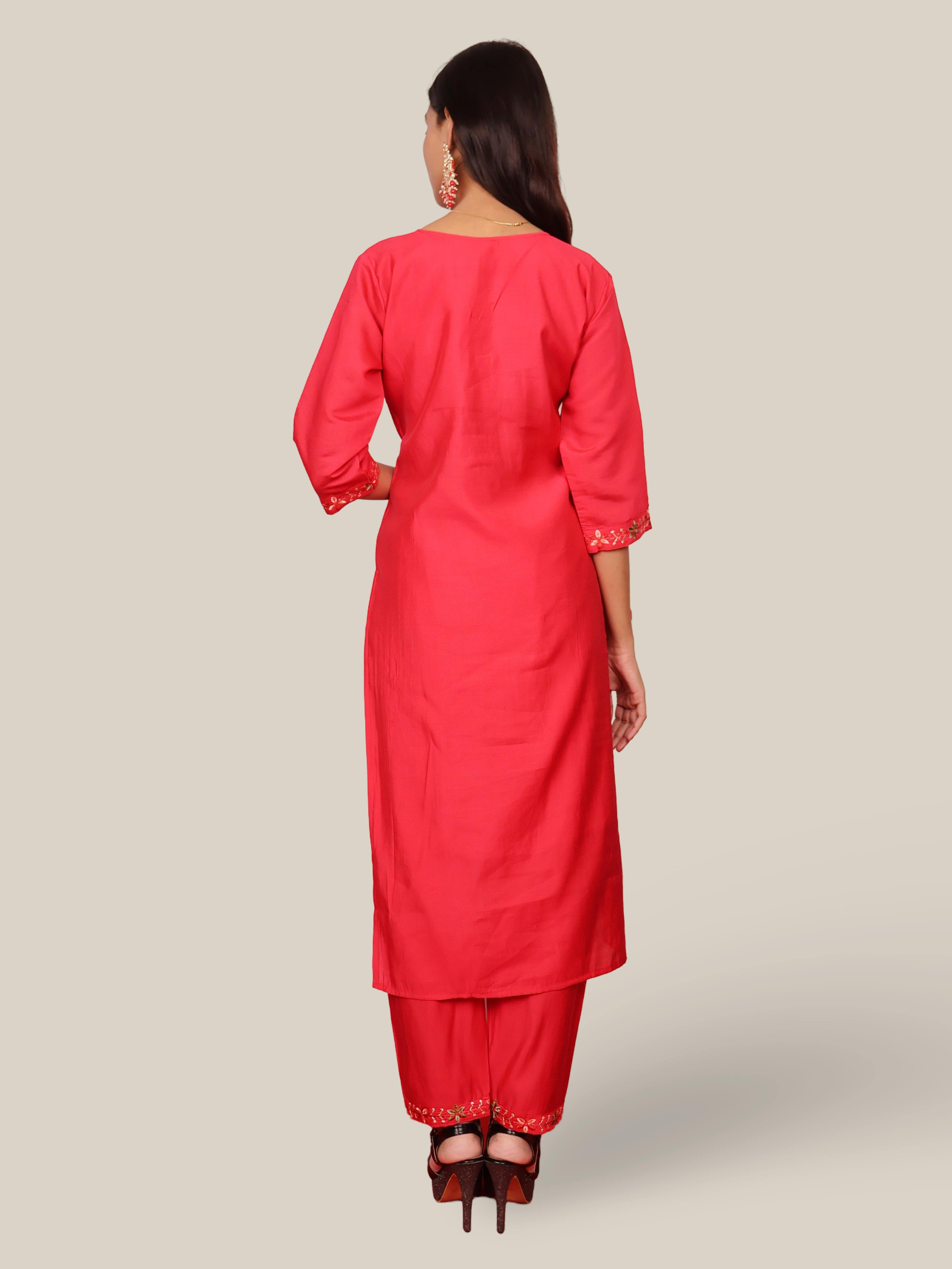 Rayon-Cotton Embroidered Straight Kurti with Pant and Dupatta