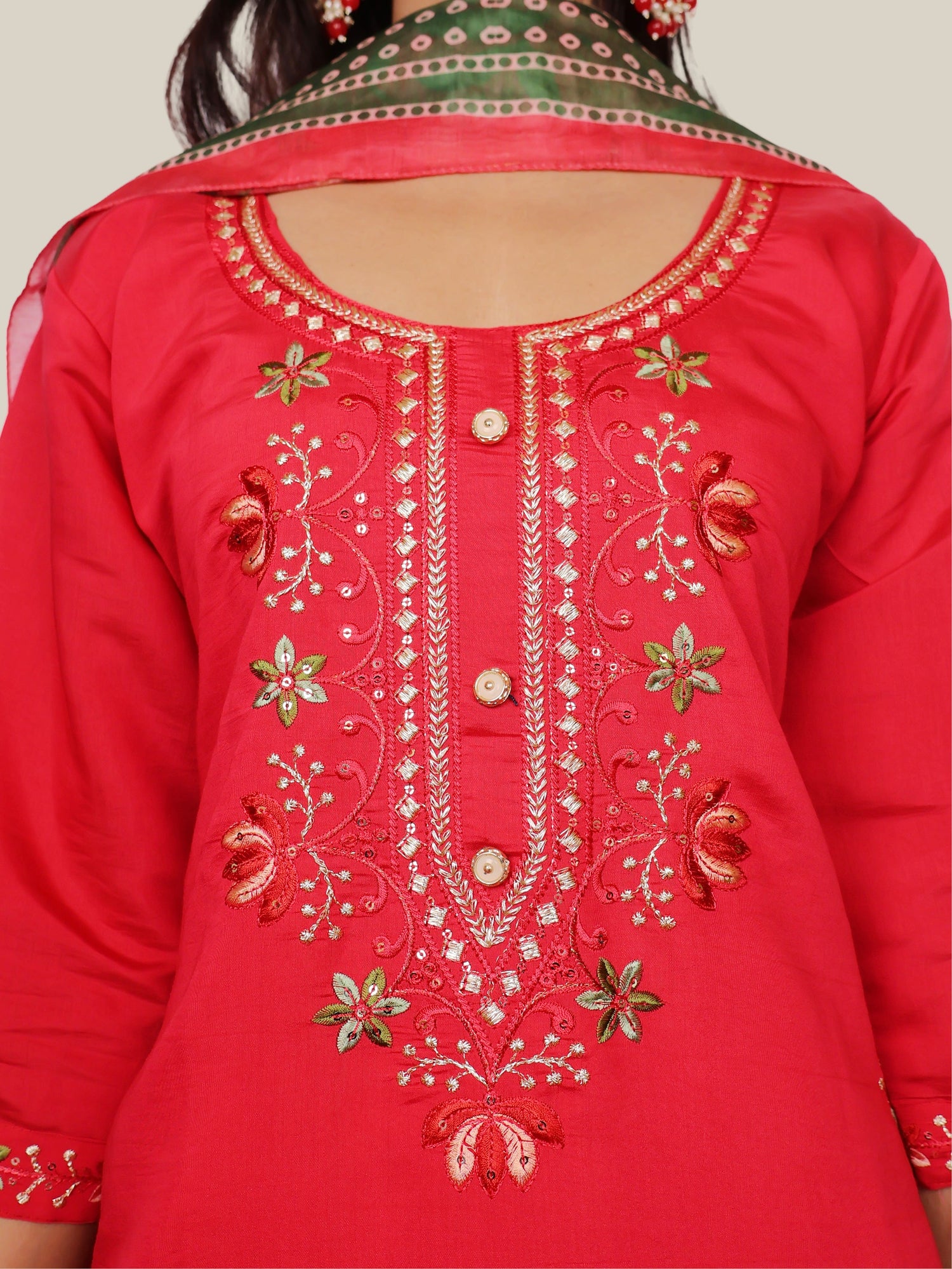 Rayon-Cotton Embroidered Straight Kurti with Pant and Dupatta