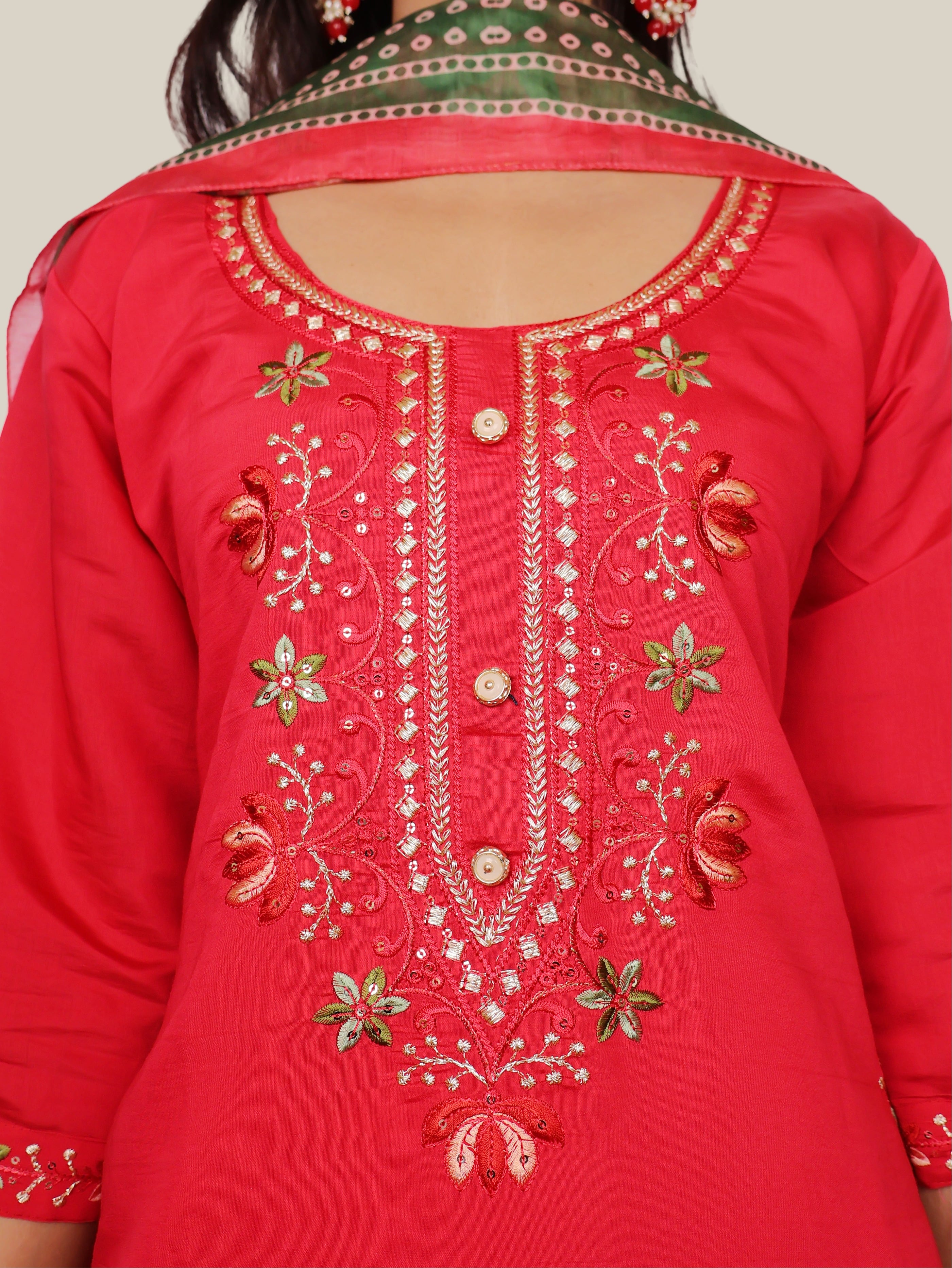 Rayon-Cotton Embroidered Straight Kurti with Pant and Dupatta