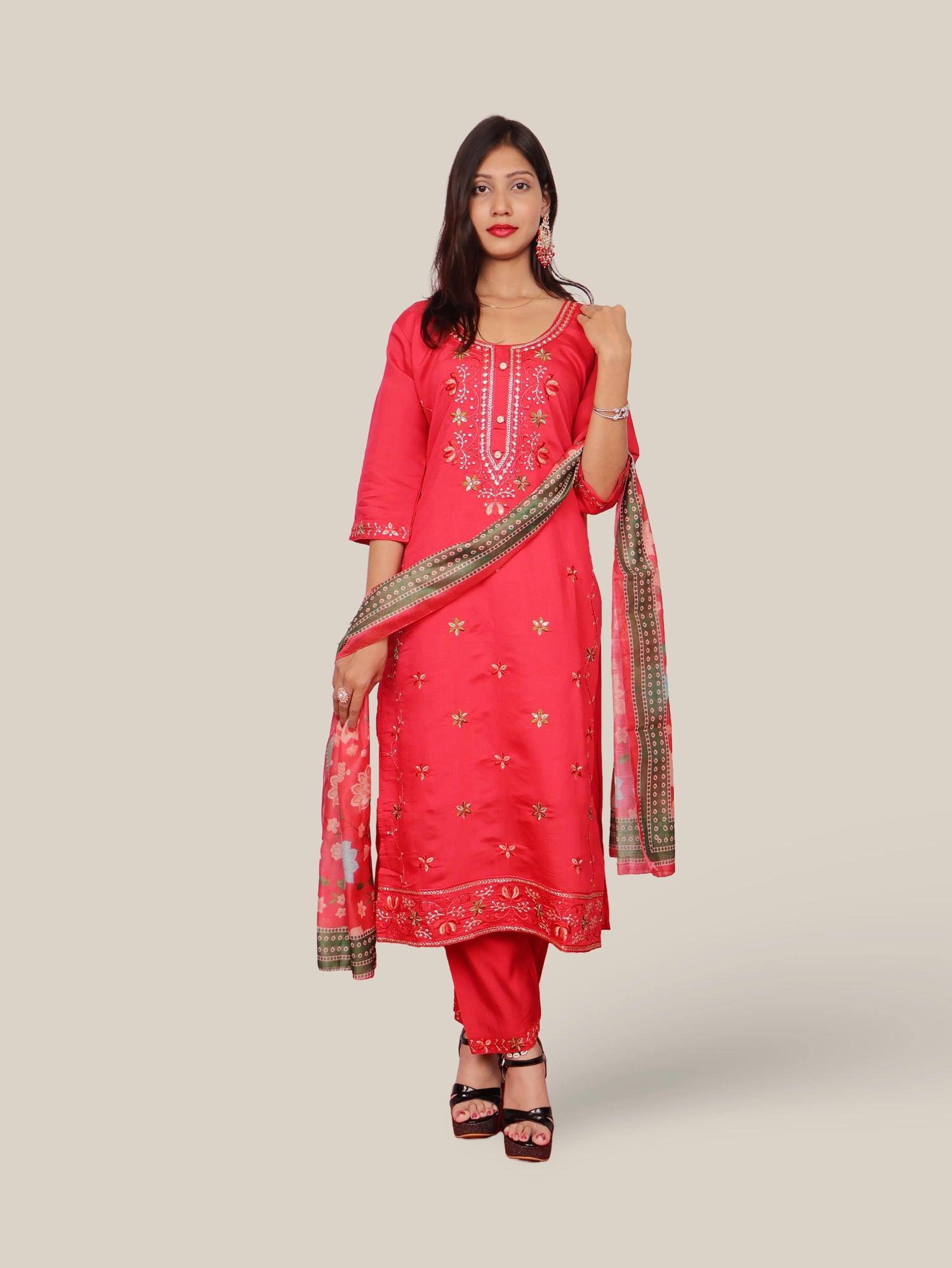 Rayon-Cotton Embroidered Straight Kurti with Pant and Dupatta
