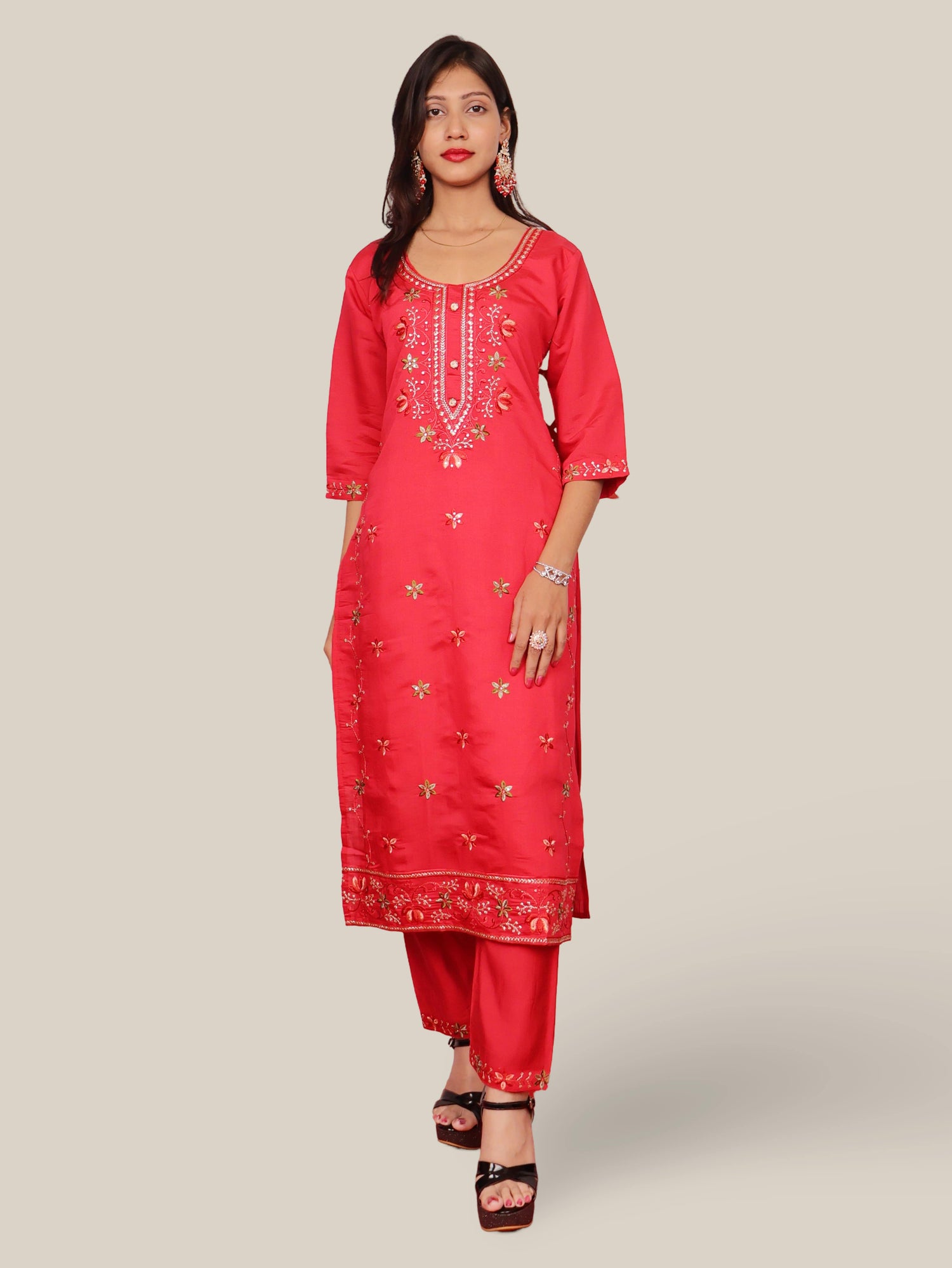 Rayon-Cotton Embroidered Straight Kurti with Pant and Dupatta