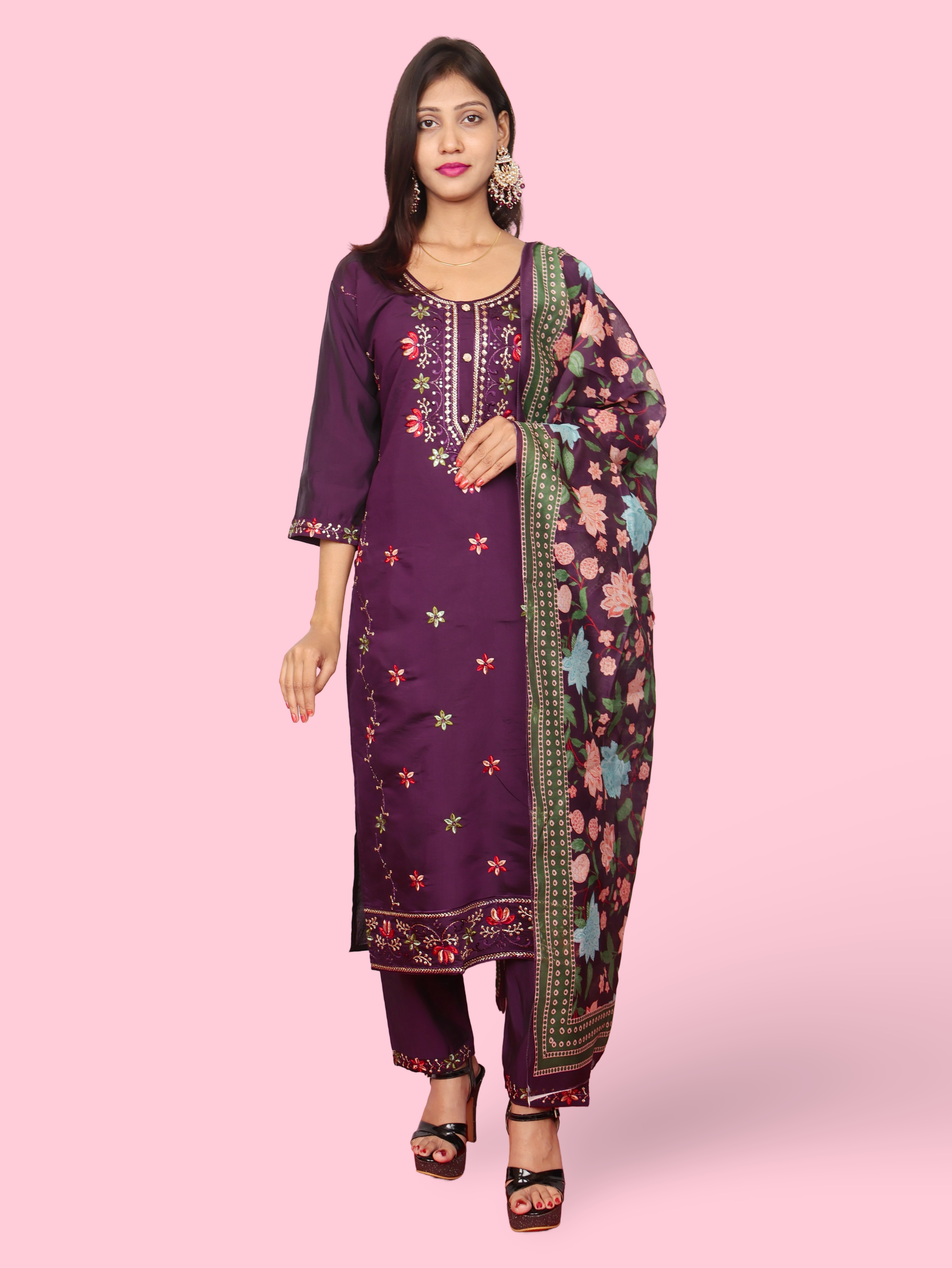 Rayon-Cotton Embroidered Straight Kurti with Pant and Dupatta