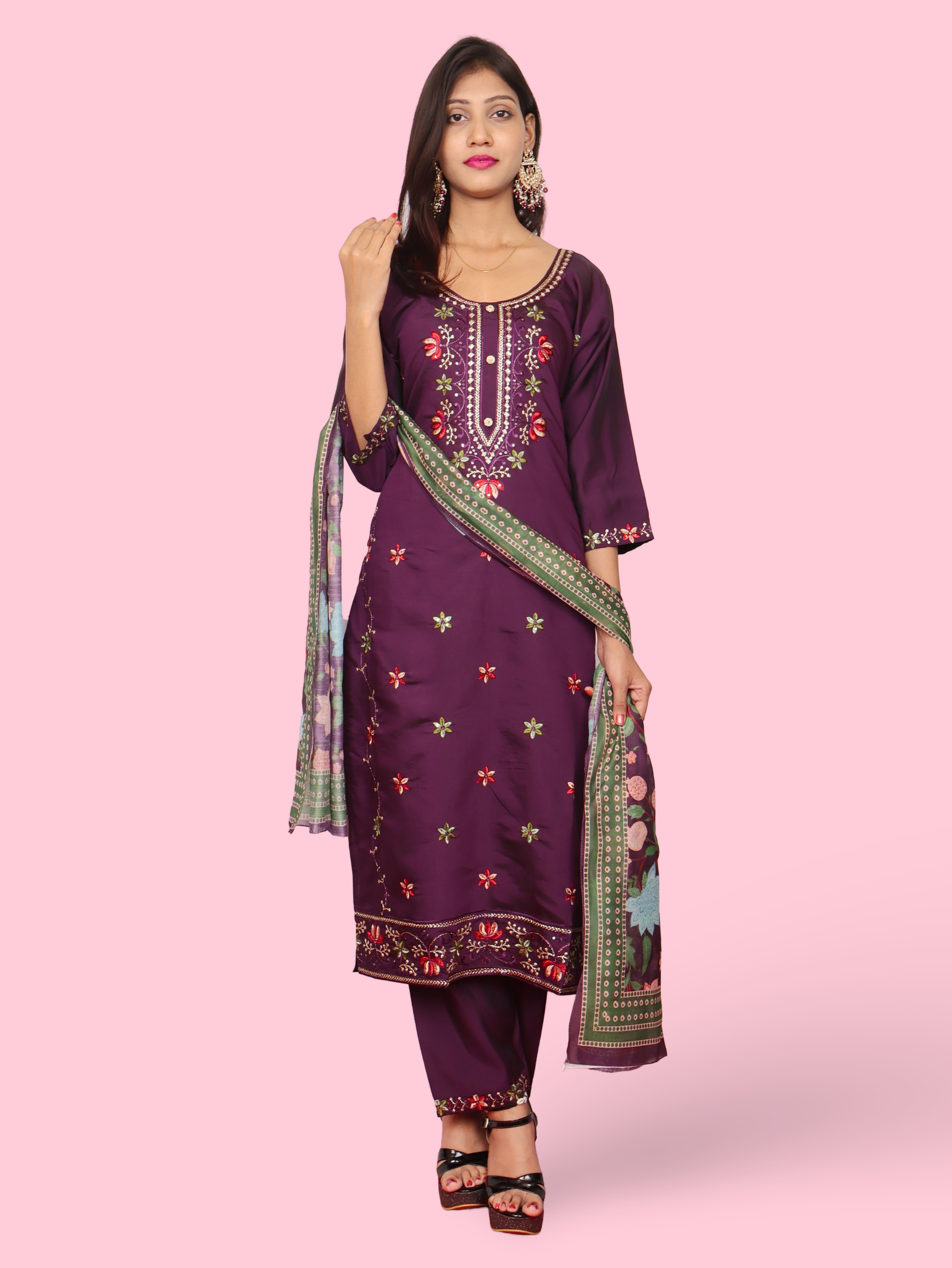 Rayon-Cotton Embroidered Straight Kurti with Pant and Dupatta