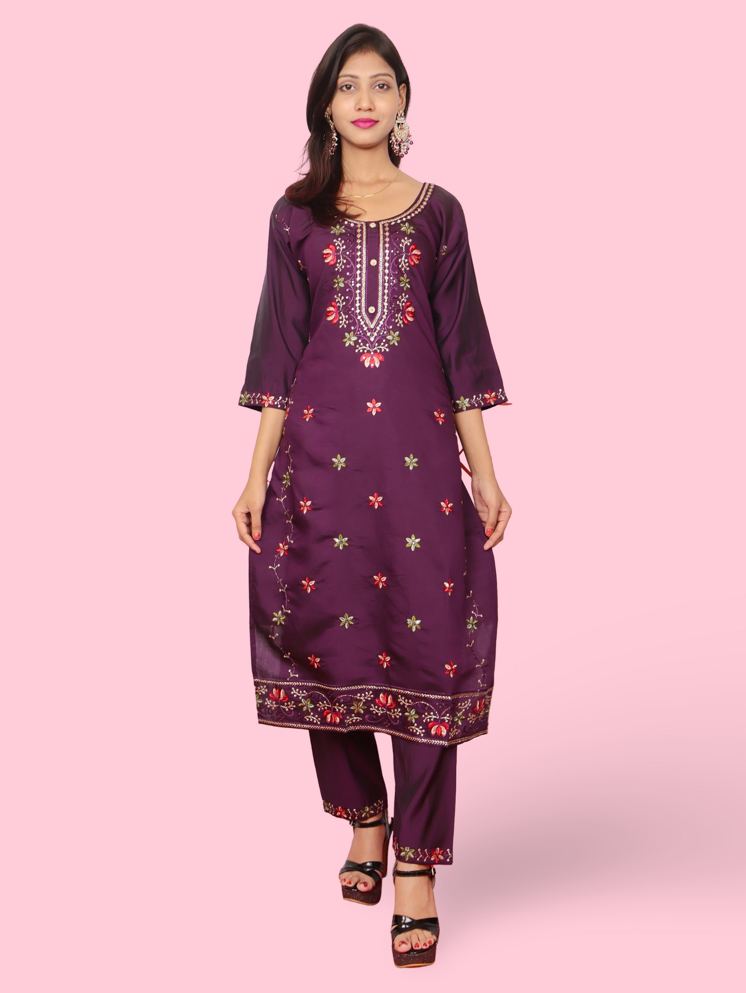 Rayon-Cotton Embroidered Straight Kurti with Pant and Dupatta