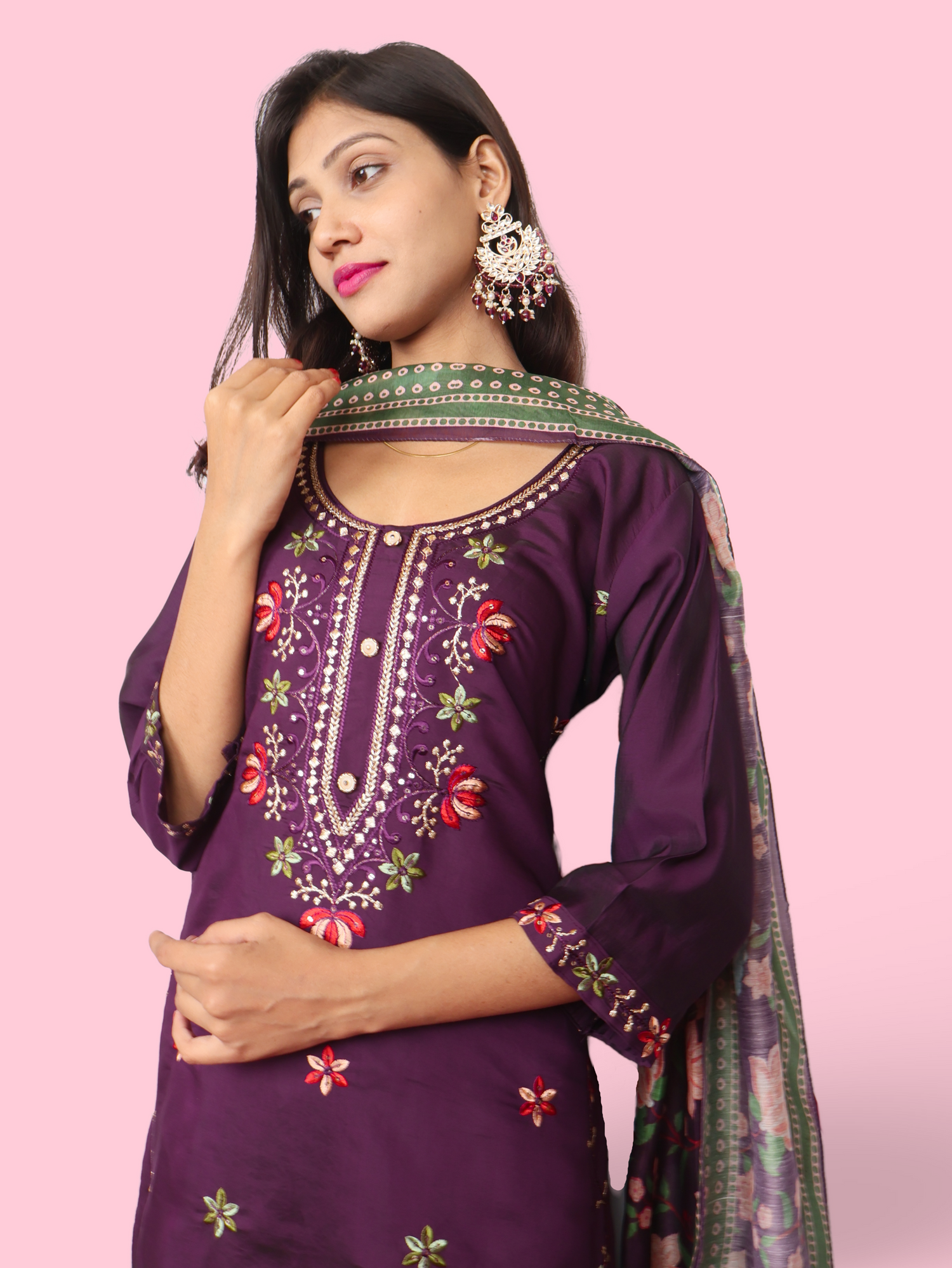 Rayon-Cotton Embroidered Straight Kurti with Pant and Dupatta