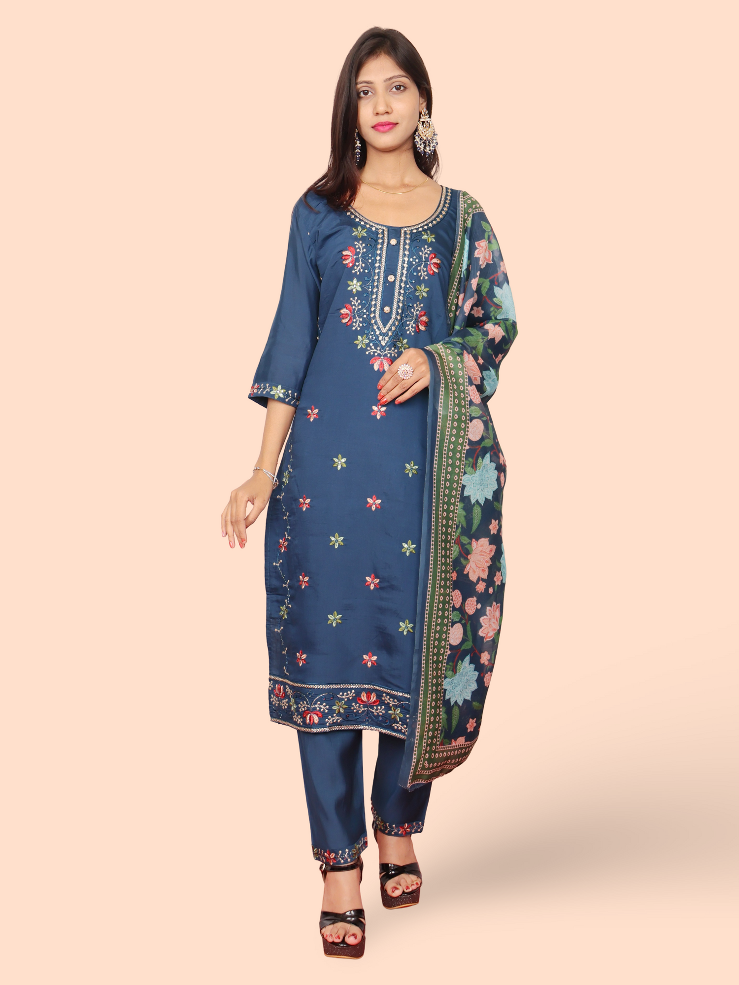Rayon-Cotton Embroidered Straight Kurti with Pant and Dupatta