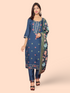 Rayon-Cotton Embroidered Straight Kurti with Pant and Dupatta