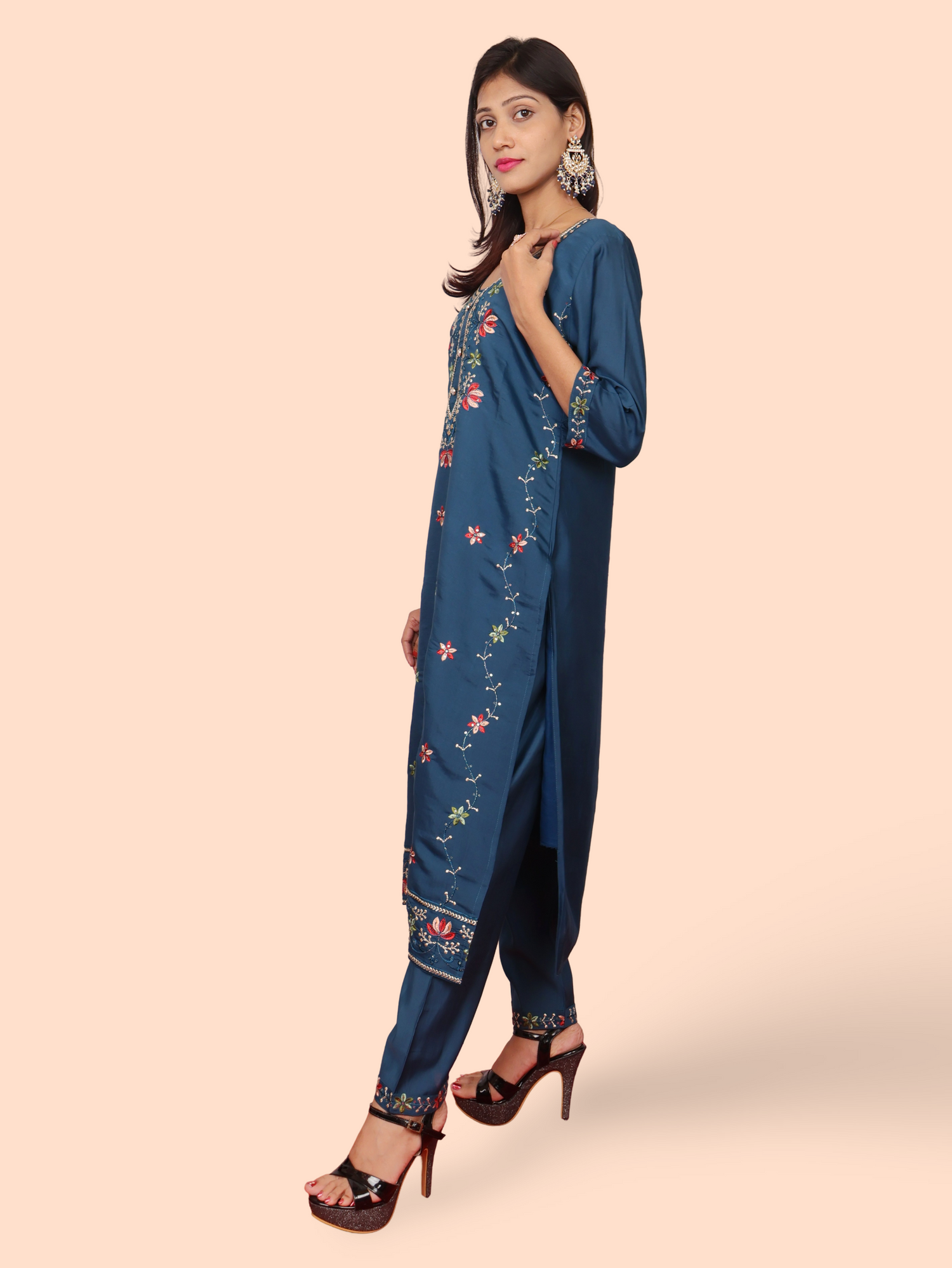 Rayon-Cotton Embroidered Straight Kurti with Pant and Dupatta