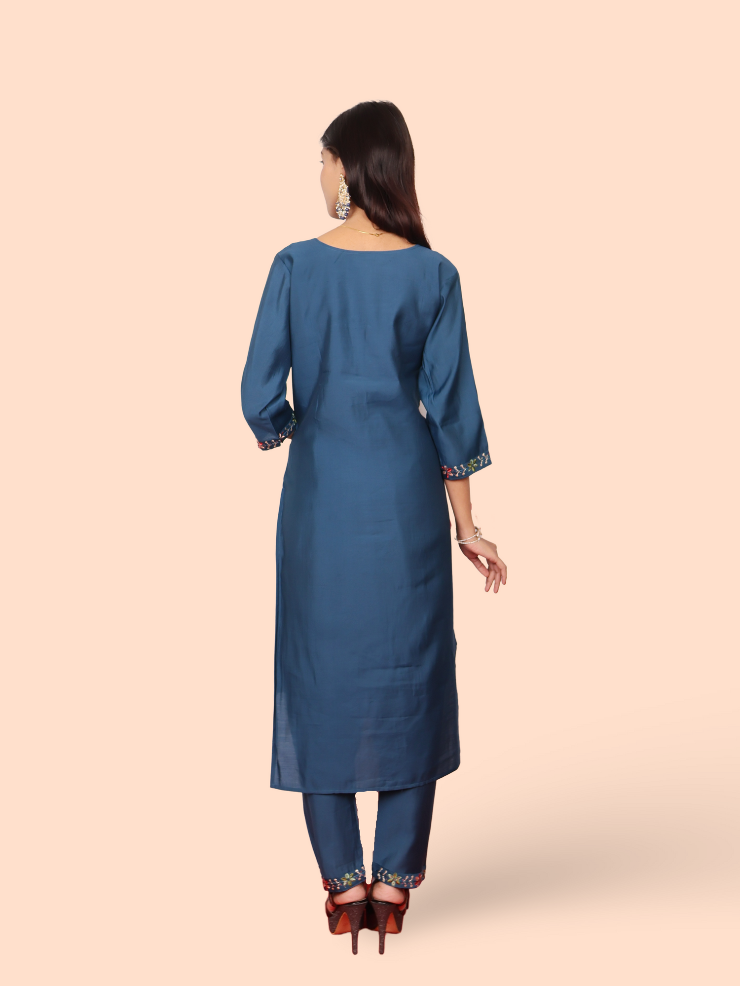 Rayon-Cotton Embroidered Straight Kurti with Pant and Dupatta