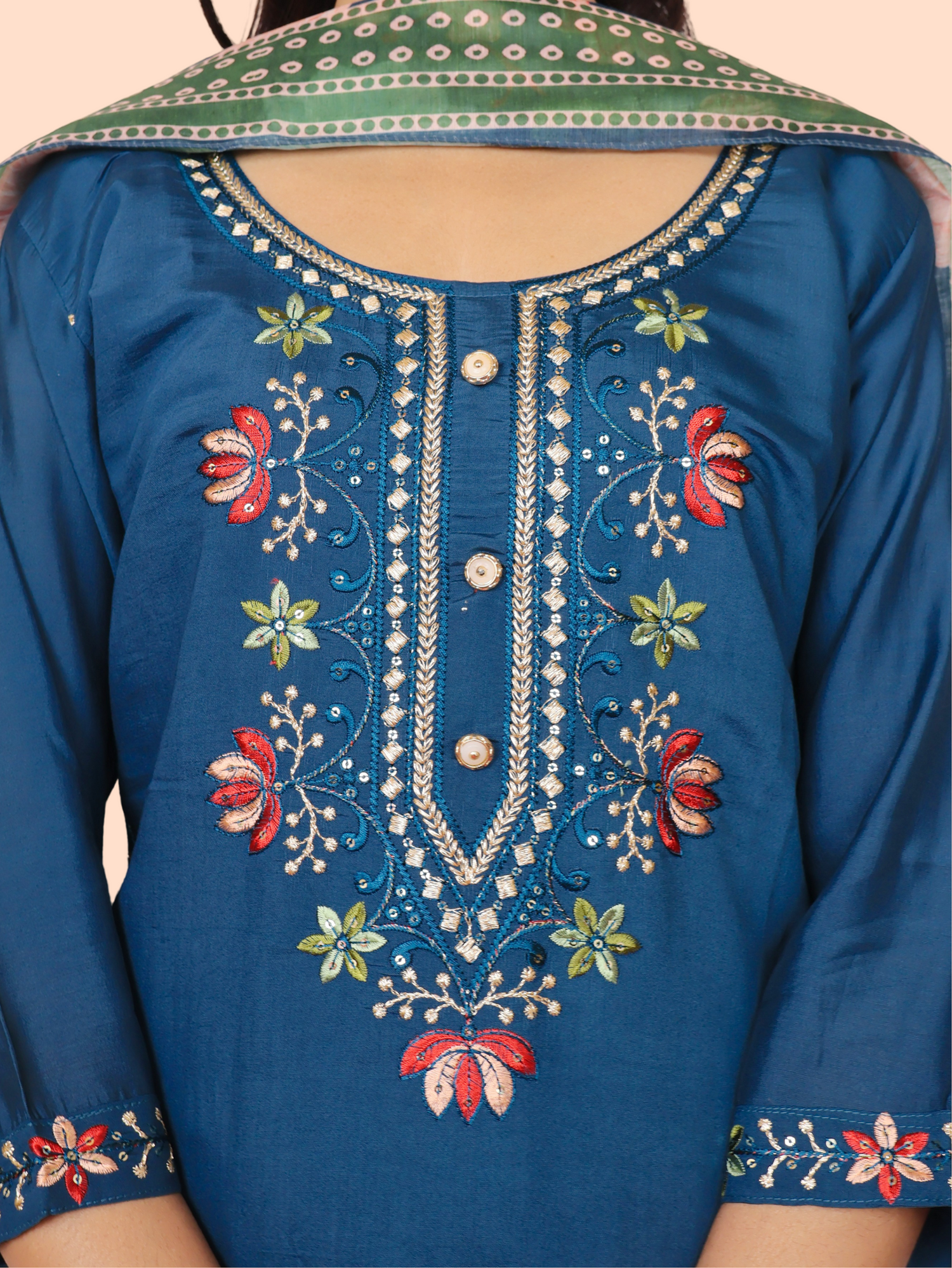 Rayon-Cotton Embroidered Straight Kurti with Pant and Dupatta