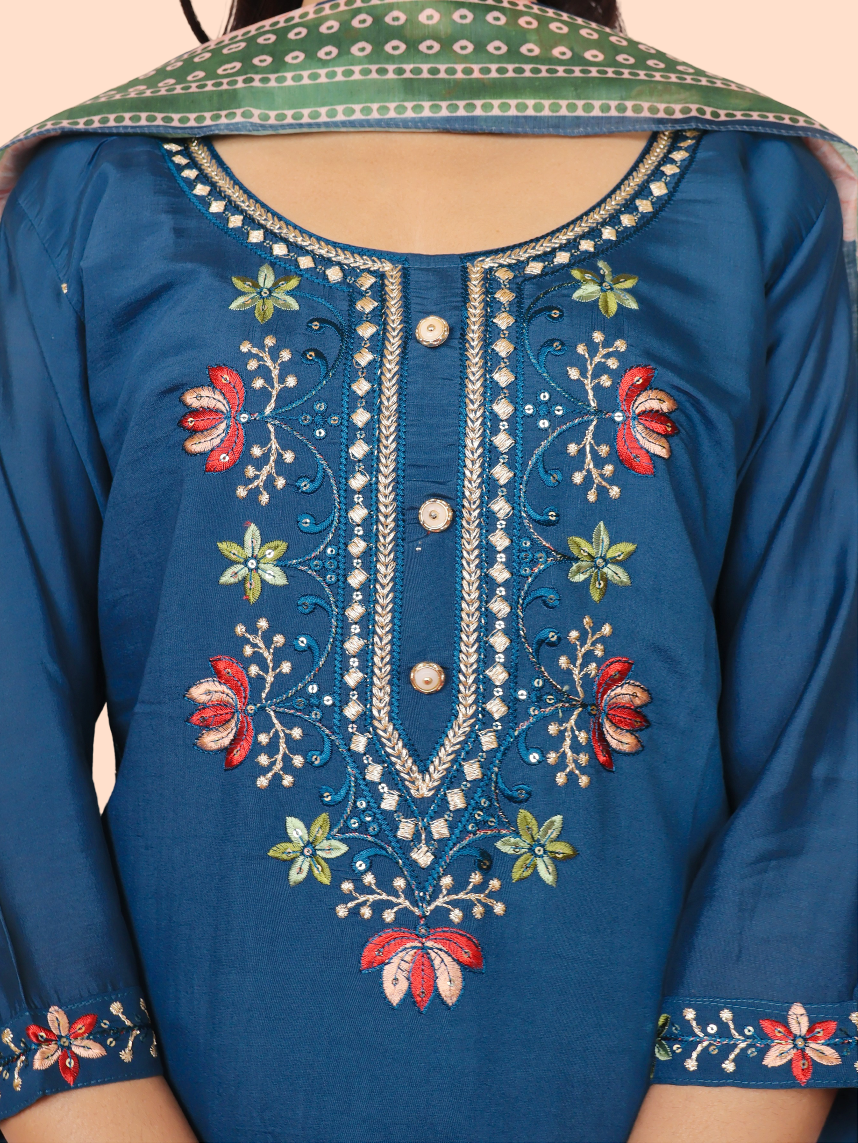 Rayon-Cotton Embroidered Straight Kurti with Pant and Dupatta