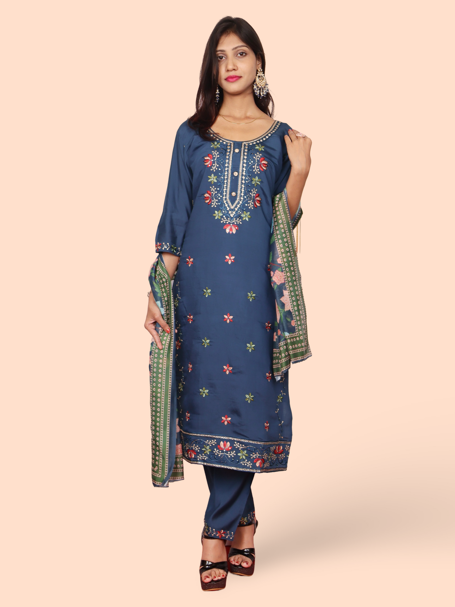 Rayon-Cotton Embroidered Straight Kurti with Pant and Dupatta