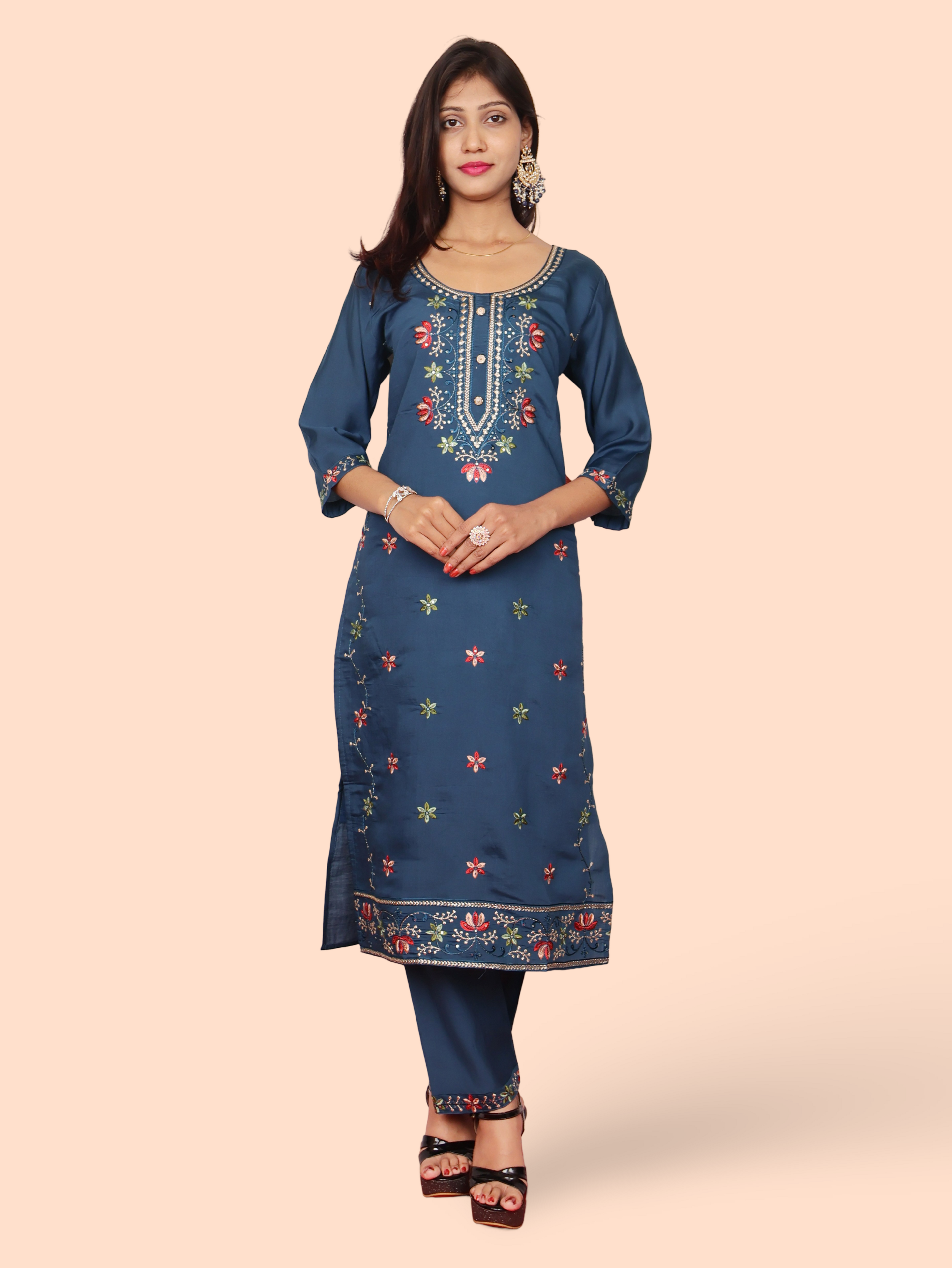 Rayon-Cotton Embroidered Straight Kurti with Pant and Dupatta