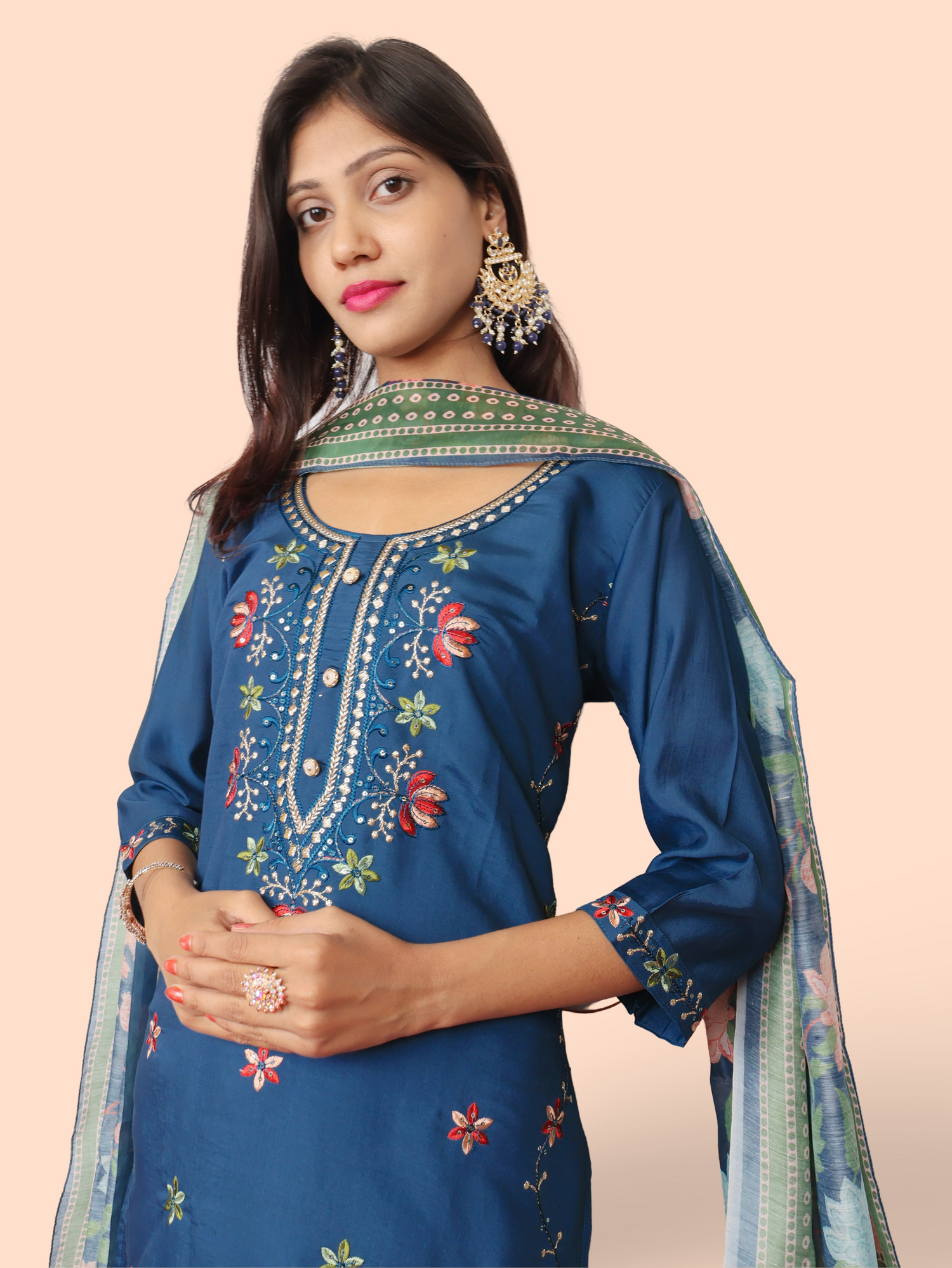 Rayon-Cotton Embroidered Straight Kurti with Pant and Dupatta