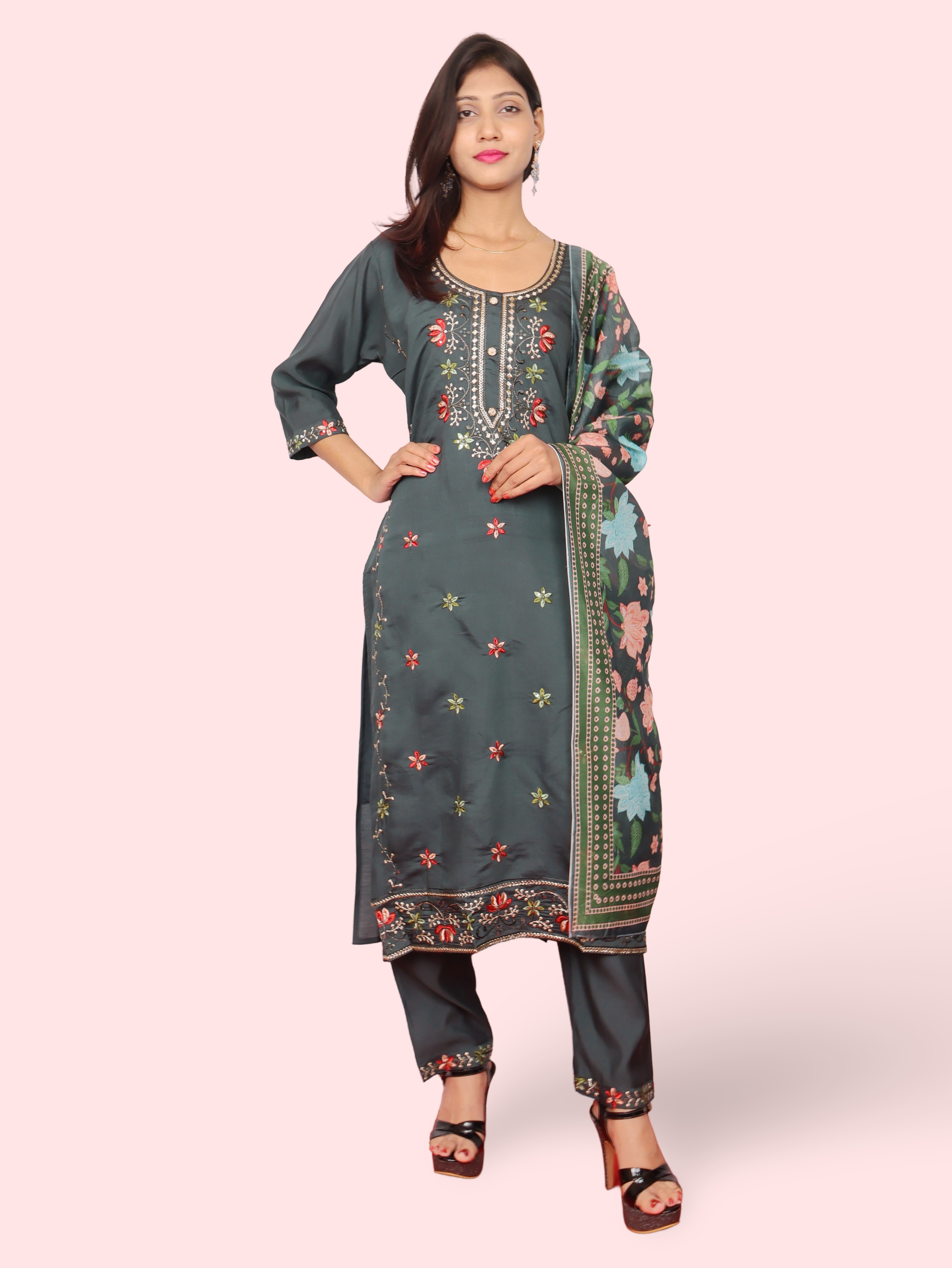 Rayon-Cotton Embroidered Straight Kurti with Pant and Dupatta